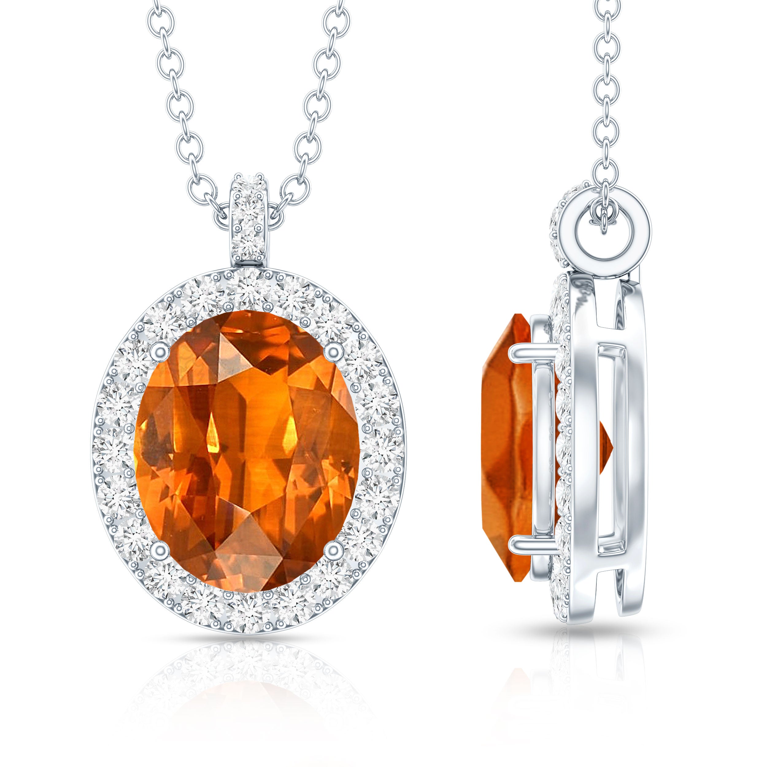 Oval Created Orange Sapphire and Diamond Halo Pendant AAAA - Rosec Jewels