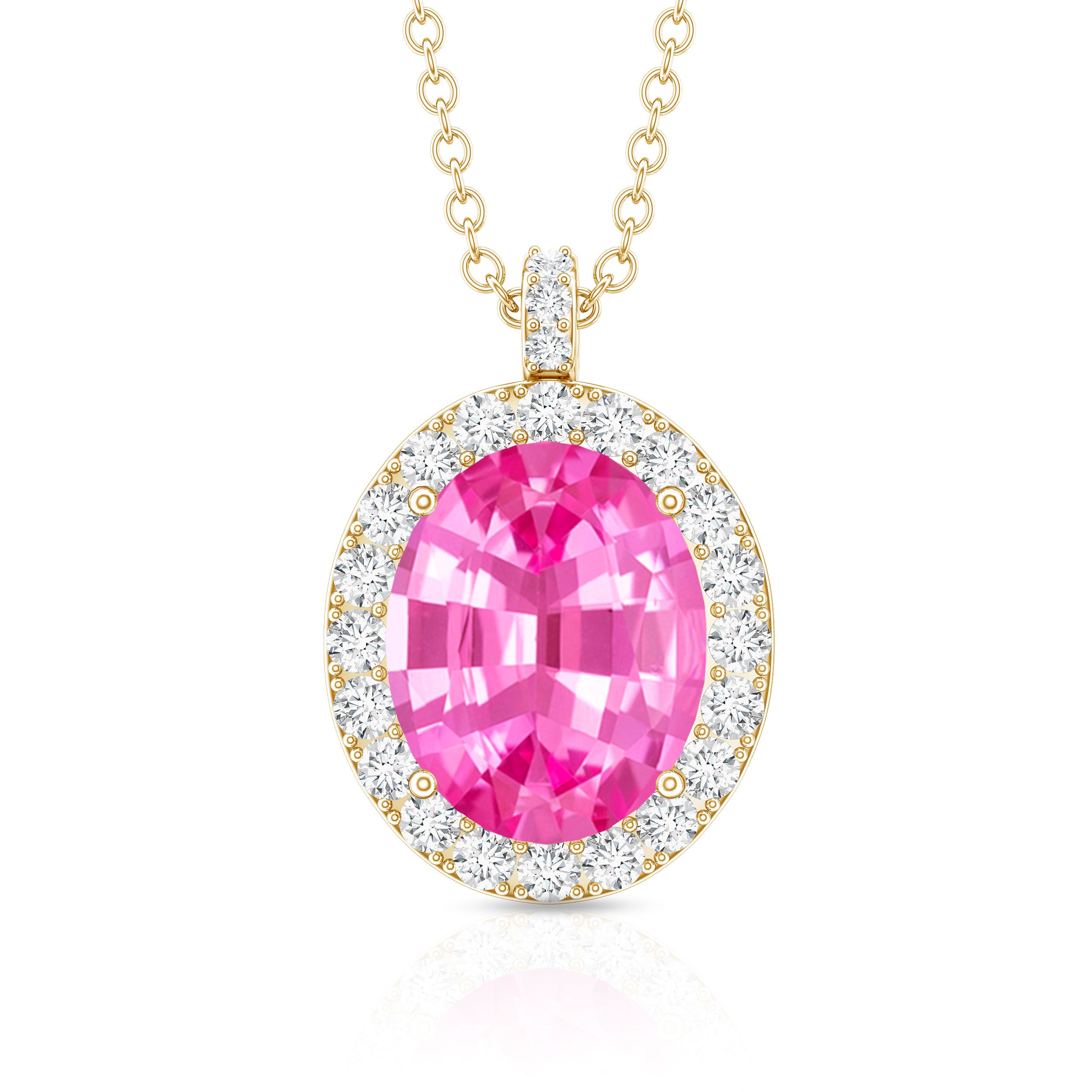 4 Carat Oval Lab Created Pink Sapphire Necklace with Diamonds AAAA - Rosec Jewels