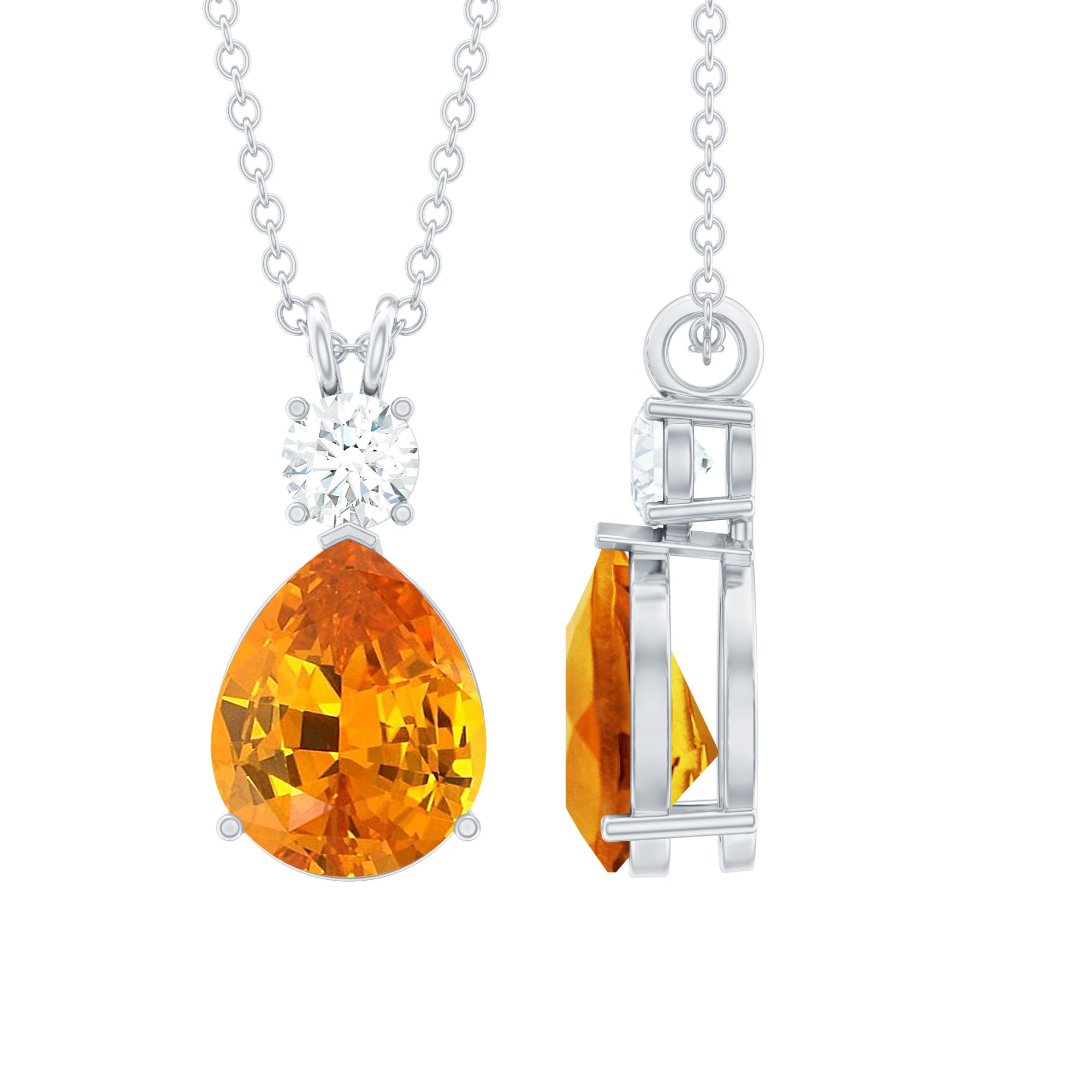 Created Orange Sapphire Teardrop Pendant Necklace with Moissanite