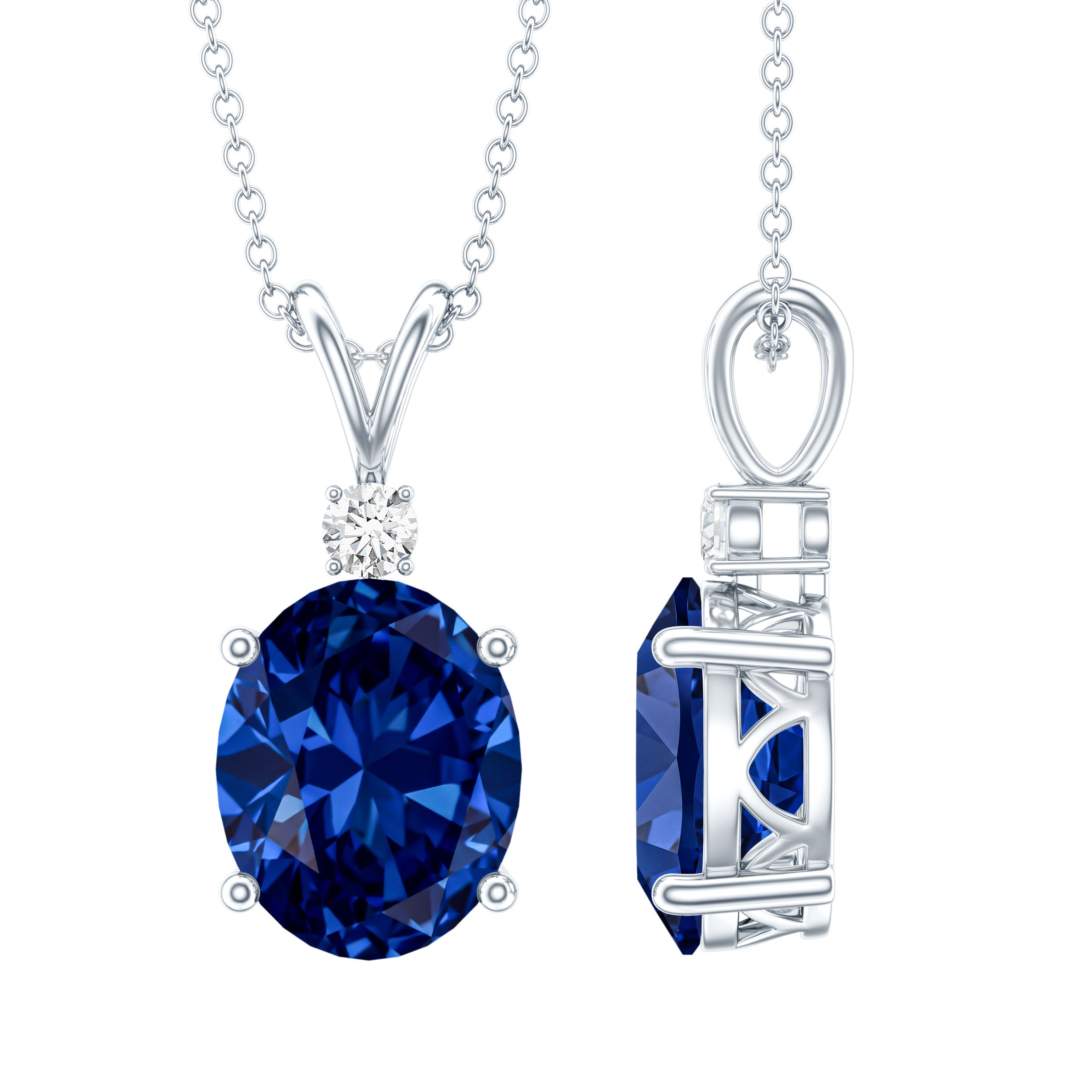 Certified Oval Lab Created Blue Sapphire Necklace with Chain AAAA - Rosec Jewels