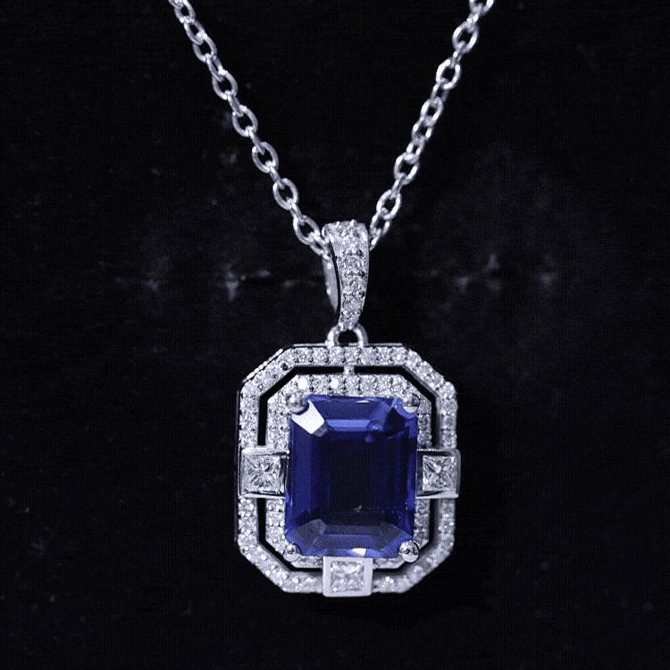8x10mm Emerald Cut Lab Created Blue Sapphire Vintage Necklace with Diamond AAAA - Rosec Jewels