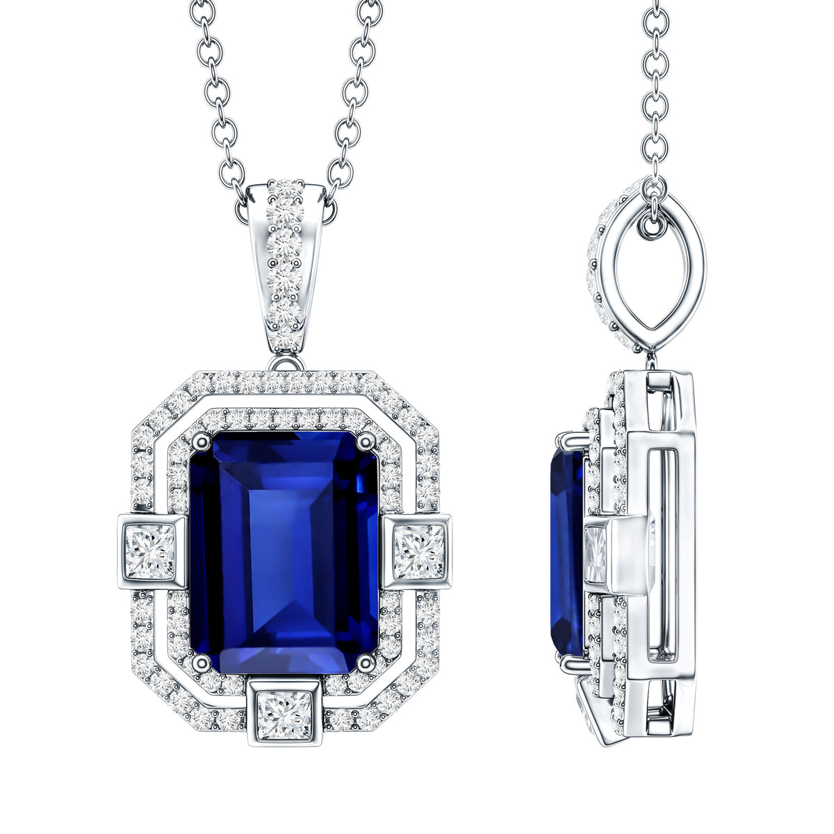 2.7 Carat Emerald Cut Lab Created Blue Sapphire Vintage Necklace with Diamond
