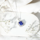 8x10mm Emerald Cut Lab Created Blue Sapphire Vintage Necklace with Diamond AAAA - Rosec Jewels