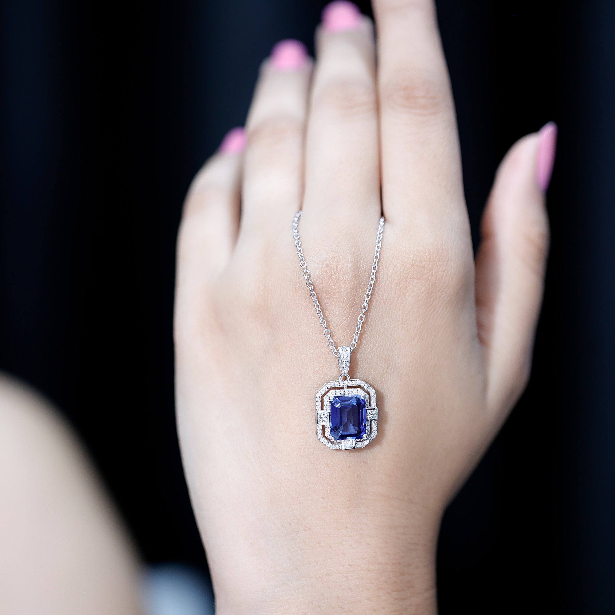 8x10mm Emerald Cut Lab Created Blue Sapphire Vintage Necklace with Diamond AAAA - Rosec Jewels