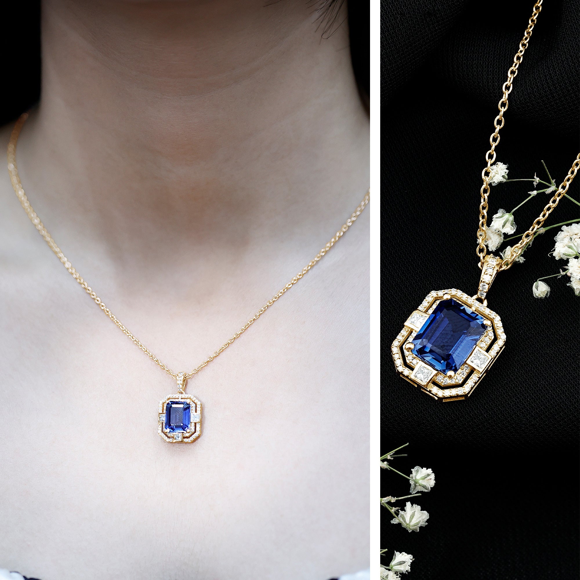 8x10mm Emerald Cut Lab Created Blue Sapphire Vintage Necklace with Diamond AAAA - Rosec Jewels