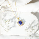 8x10mm Emerald Cut Lab Created Blue Sapphire Vintage Necklace with Diamond AAAA - Rosec Jewels