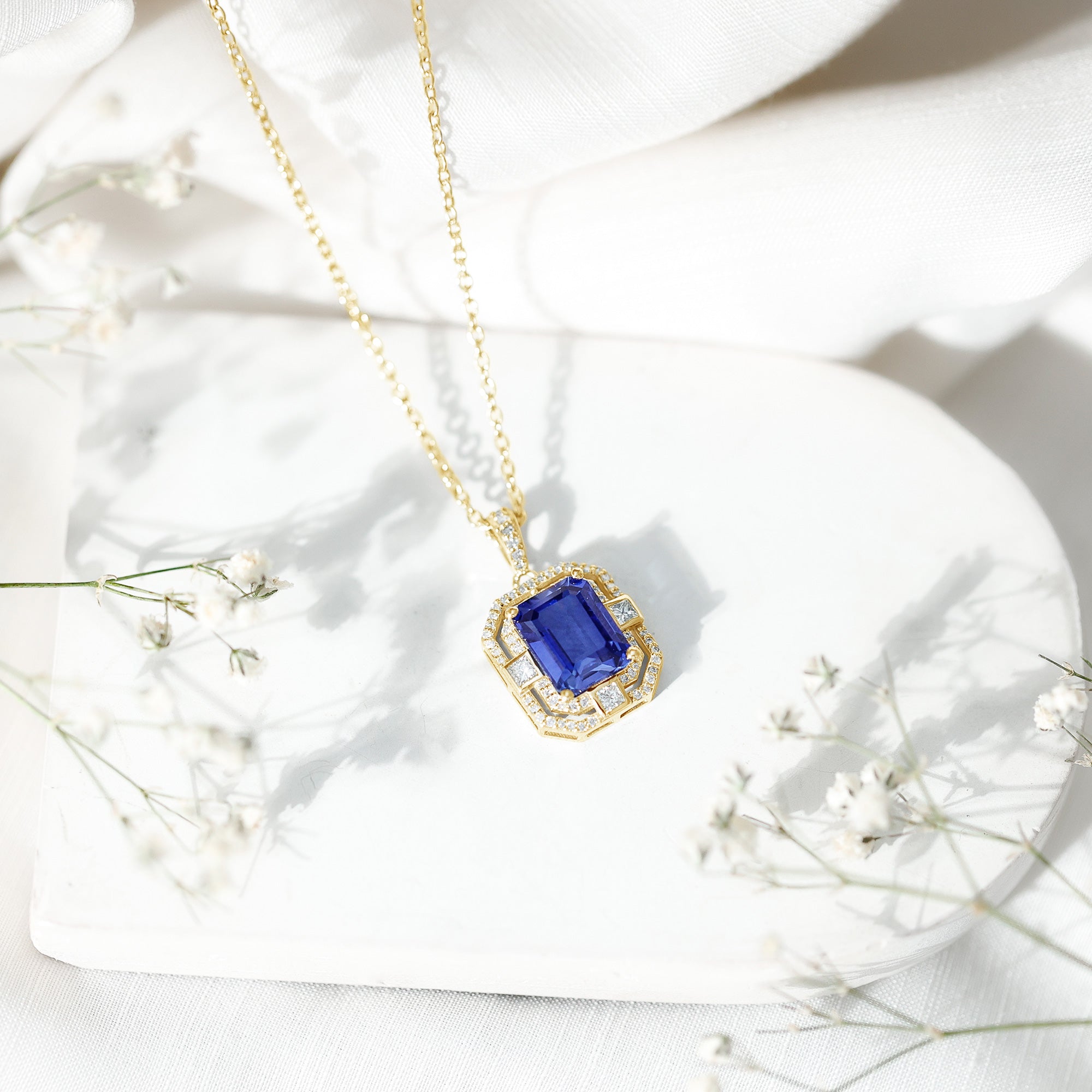 8x10mm Emerald Cut Lab Created Blue Sapphire Vintage Necklace with Diamond AAAA - Rosec Jewels
