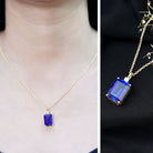 9 Carat Lab Grown Blue Sapphire Emerald Cut Necklace with Diamond AAAA - Rosec Jewels