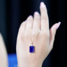 9 Carat Lab Grown Blue Sapphire Emerald Cut Necklace with Diamond AAAA - Rosec Jewels