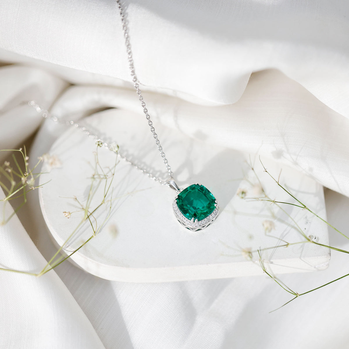 9 Carat Cushion Cut Lab Created Emerald and Diamond Cocktail Necklace AAAA - Rosec Jewels