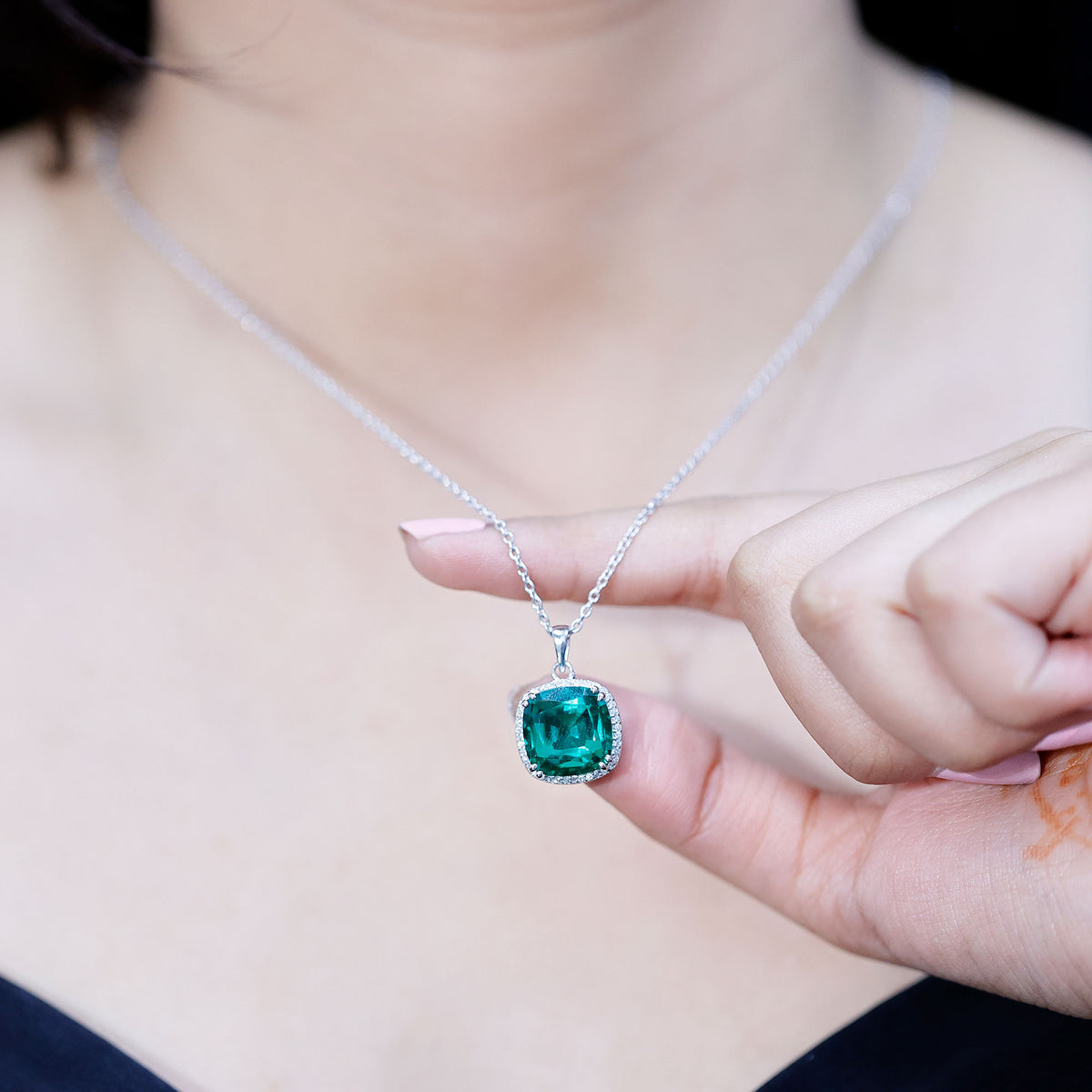 9 Carat Cushion Cut Lab Created Emerald and Diamond Cocktail Necklace AAAA - Rosec Jewels