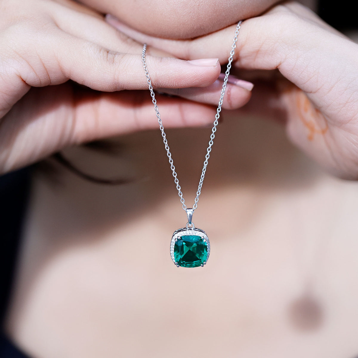 9 Carat Cushion Cut Lab Created Emerald and Diamond Cocktail Necklace AAAA - Rosec Jewels