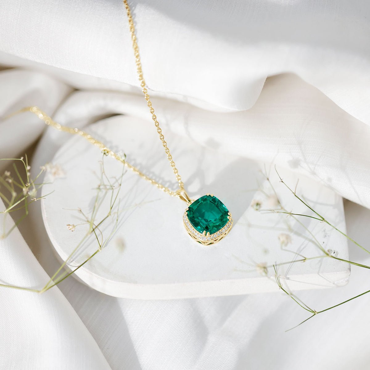 9 Carat Cushion Cut Lab Created Emerald and Diamond Cocktail Necklace AAAA - Rosec Jewels