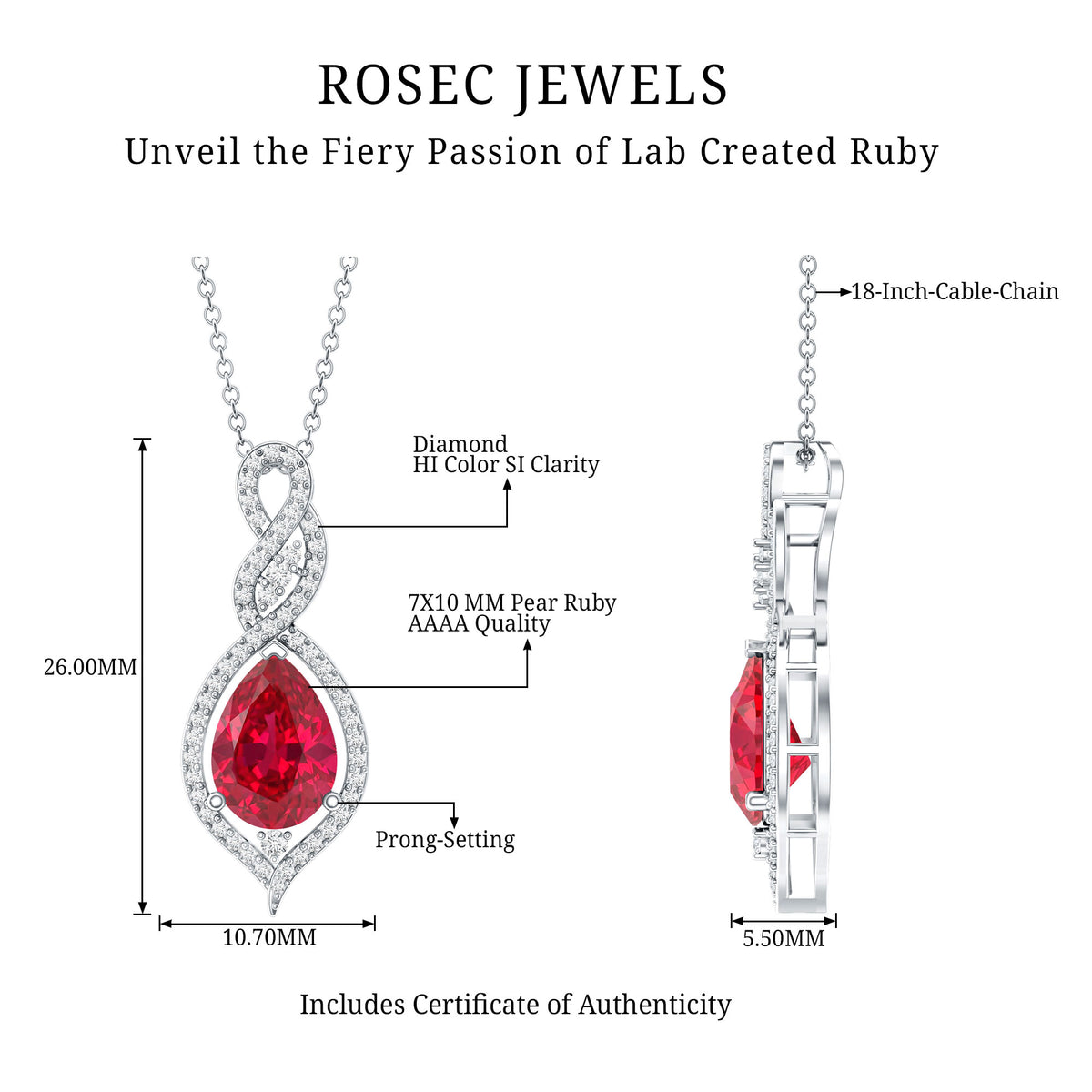 2.9 Carat Lab Created Ruby and Diamond Teardrop Wedding Necklace for Bride AAAA - Rosec Jewels