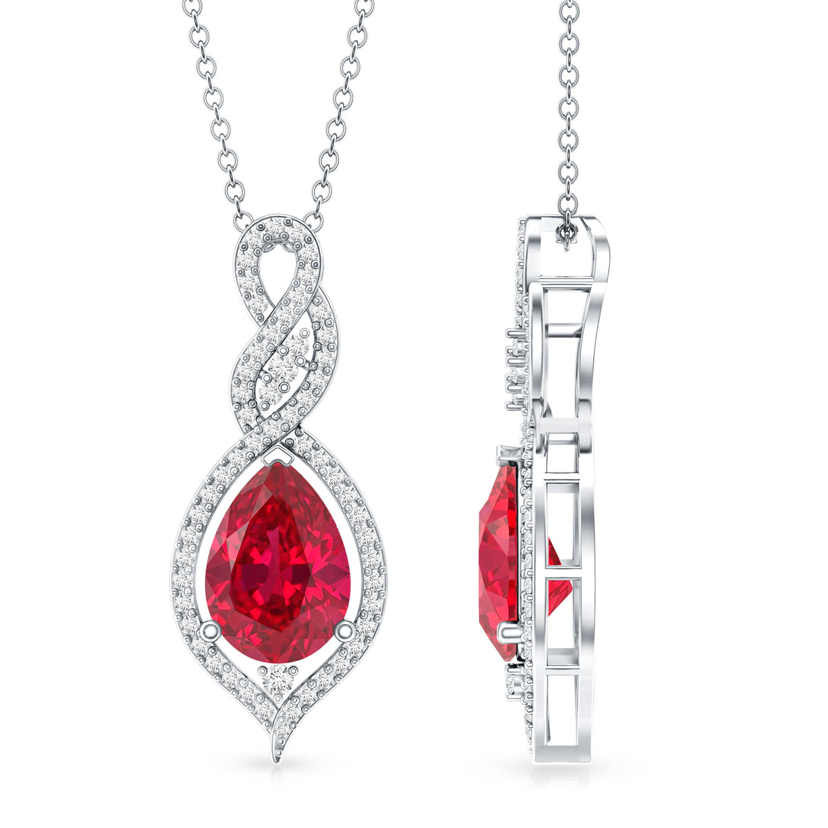 2.9 Carat Lab Created Ruby and Diamond Teardrop Wedding Necklace for Bride AAAA - Rosec Jewels