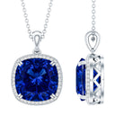 Cushion Cut Created Blue Sapphire and Diamond Halo Pendant Necklace AAAA - Rosec Jewels