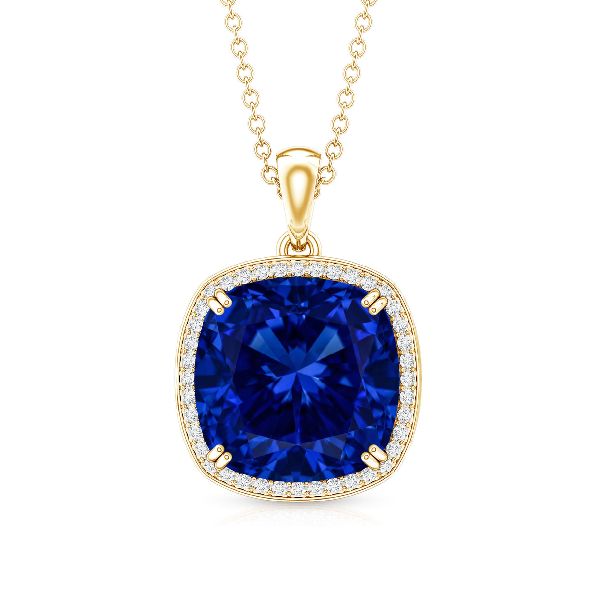Cushion Cut Created Blue Sapphire and Diamond Halo Pendant Necklace AAAA - Rosec Jewels