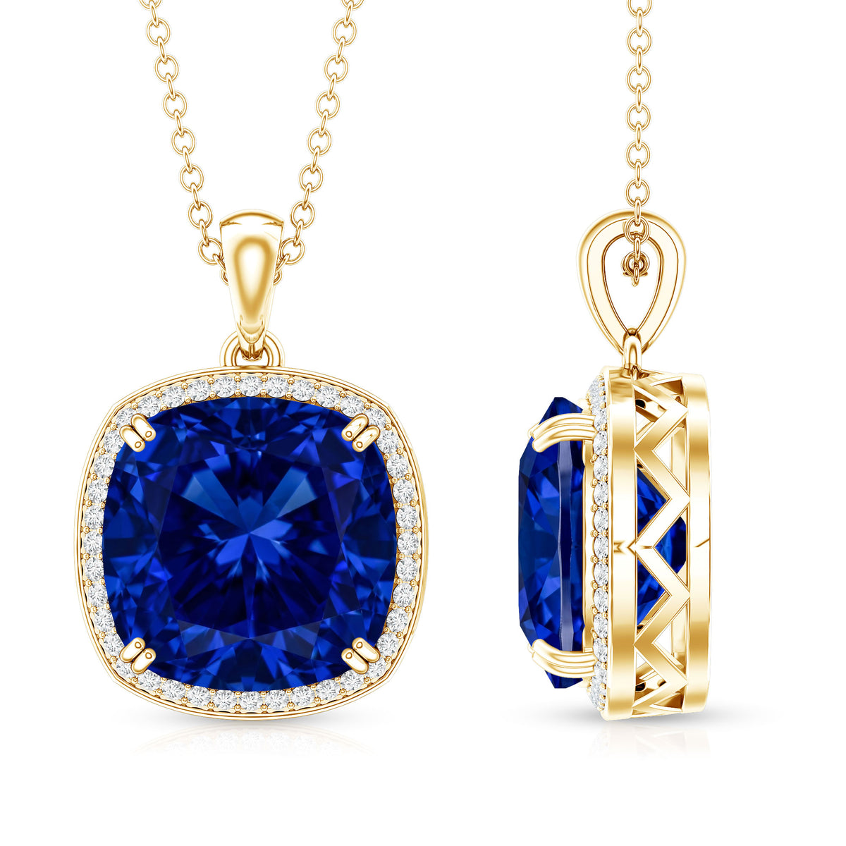 Cushion Cut Created Blue Sapphire and Diamond Halo Pendant Necklace AAAA - Rosec Jewels
