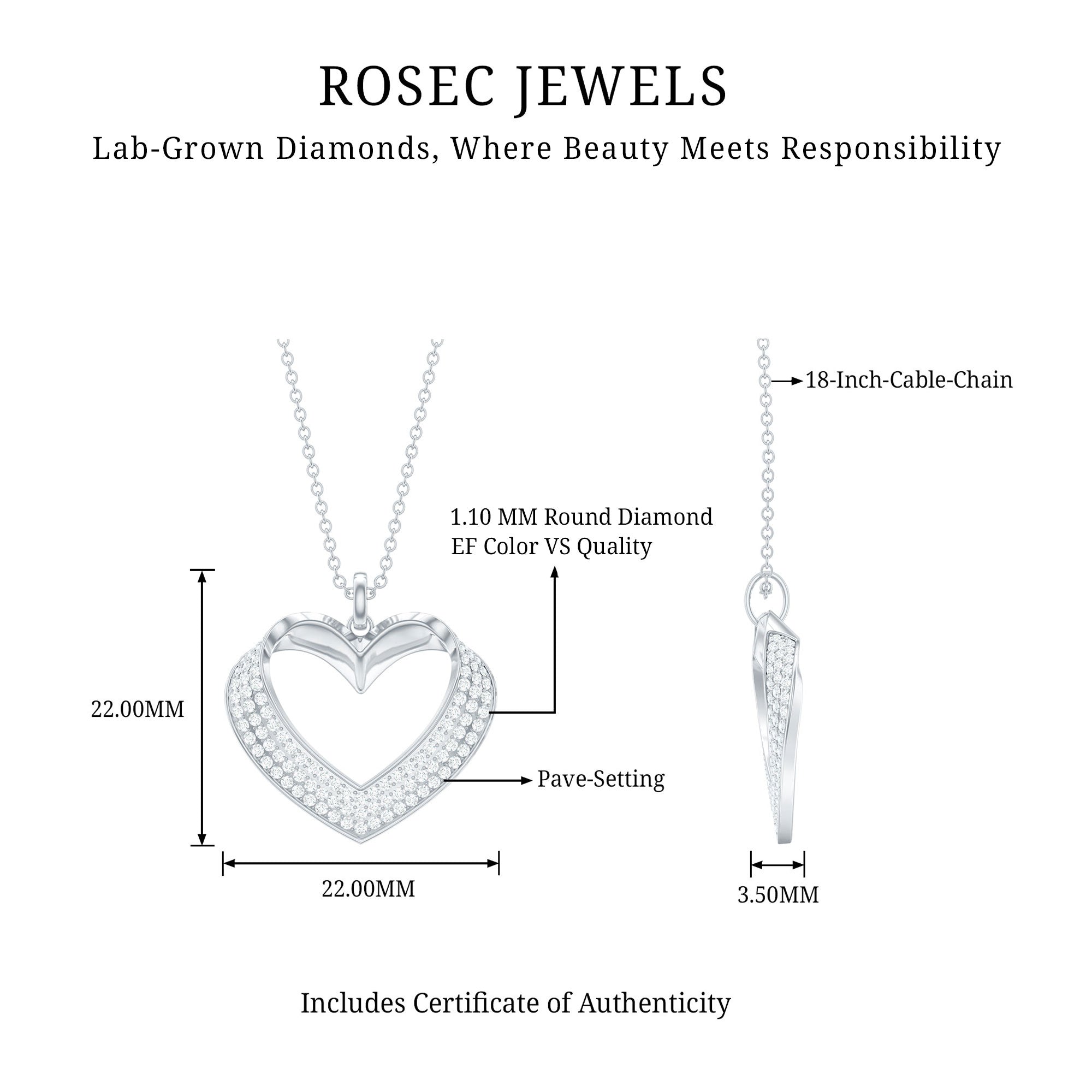Rosec Jewels-Pave Set Lab Grown Diamond Heart Necklace For Women