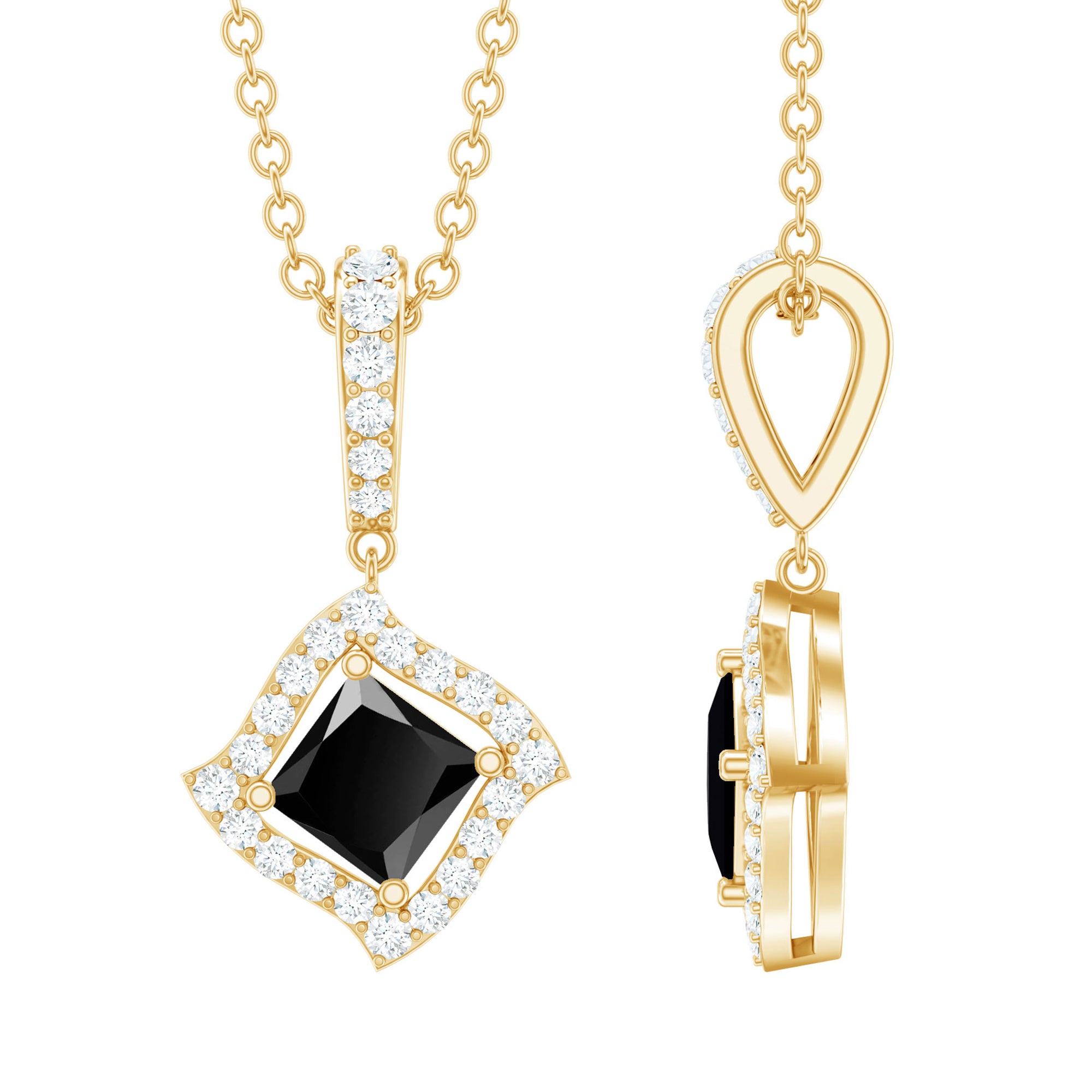 Princess Cut Black Spinel Necklace with Diamond Halo