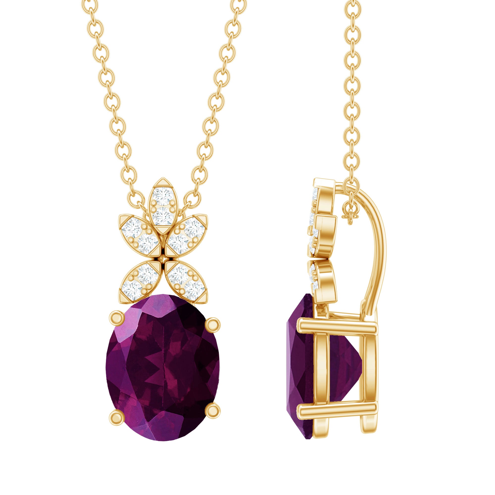 Oval Rhodolite Garnet and Diamond Flower Necklace with Chain