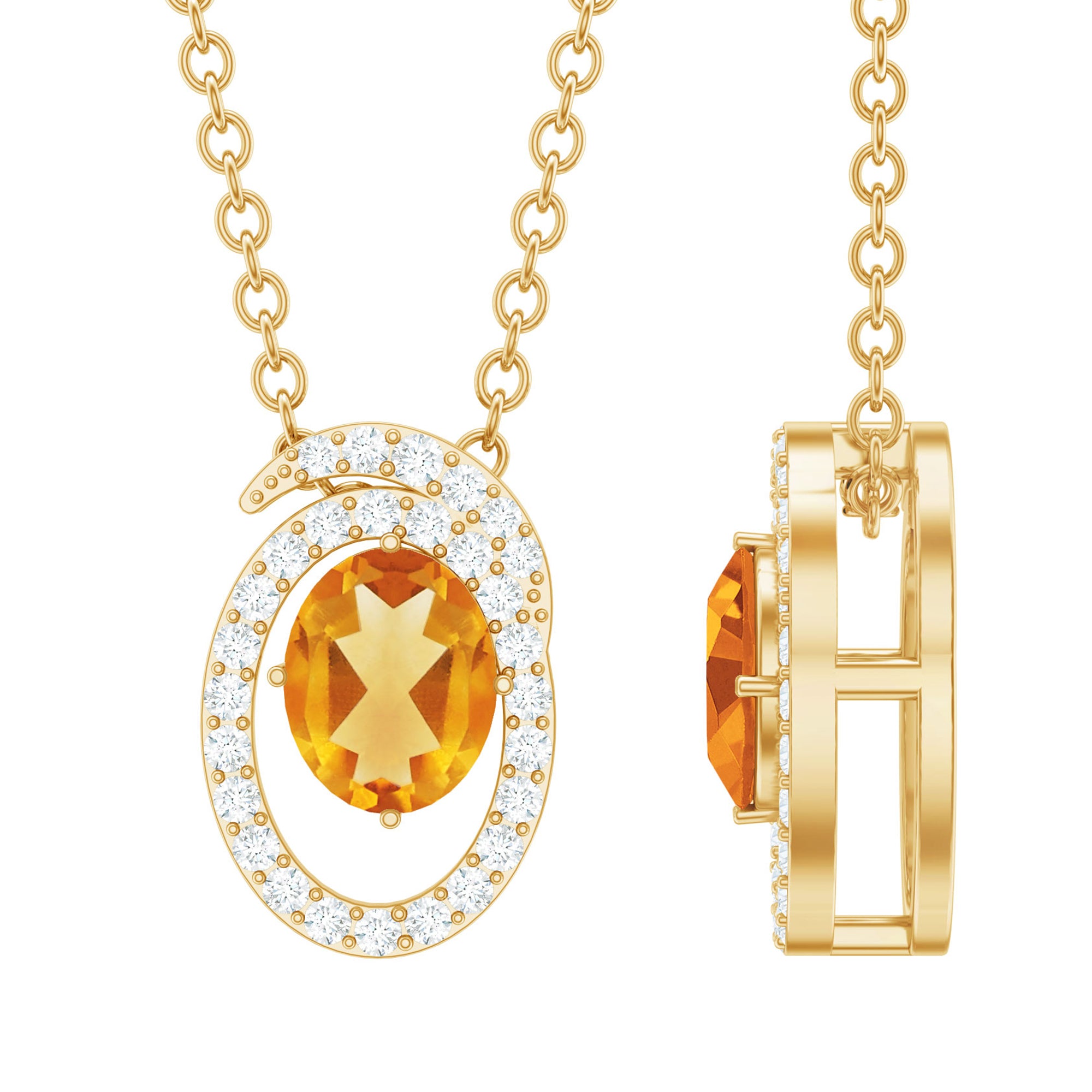 Oval Citrine and Diamond Swirl Necklace for Women in Silver