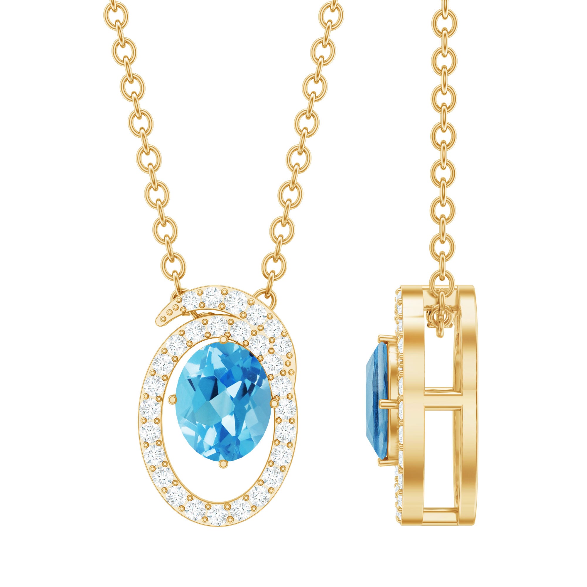 Natural Sky Blue Topaz Diamond Oval Locket with Chain