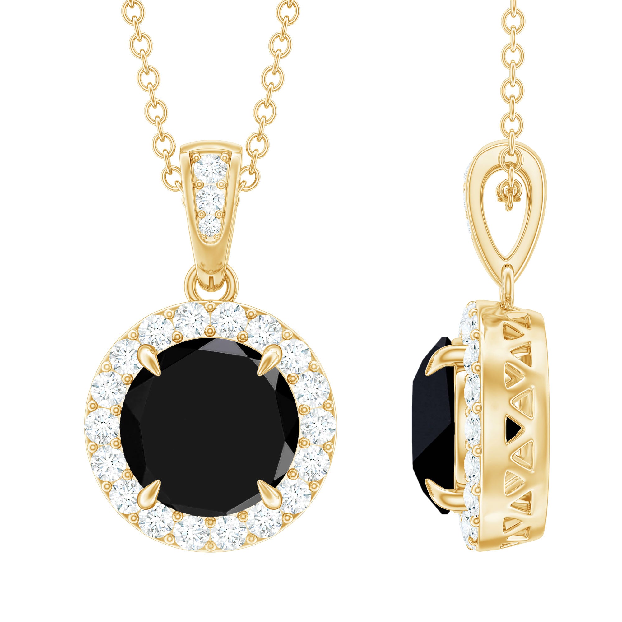 Rosec Jewels-Round Shaped Black and White Diamond Halo Necklace with Chain