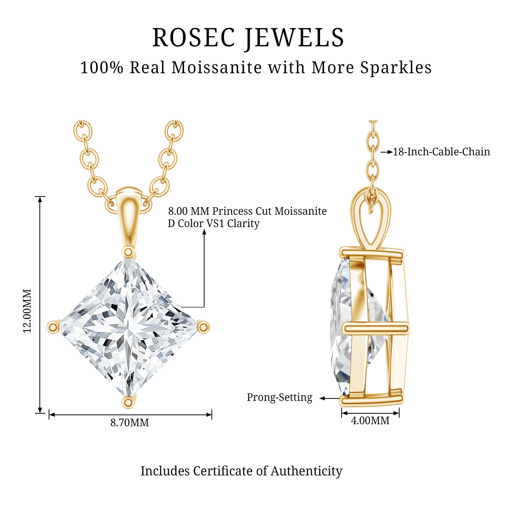 4 Carat Princess Cut Lab Grown Diamond Solitaire Pendant with IGI Certificate Lab - ( E-VS1 ) - Rosec Jewels