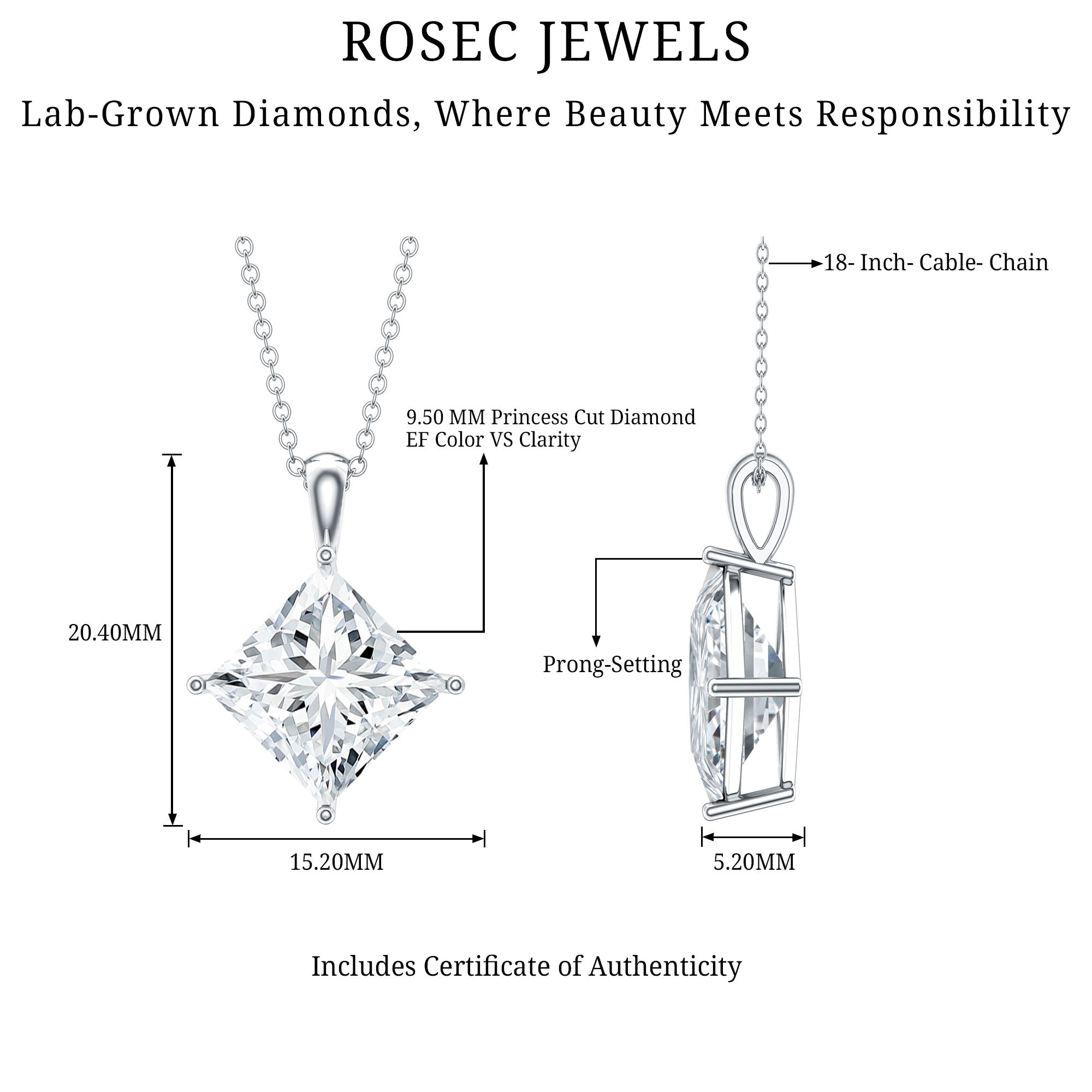 Rosec Jewels-5 Carat Lab Grown Diamond Princess Cut Solitaire Necklace IGI Certified