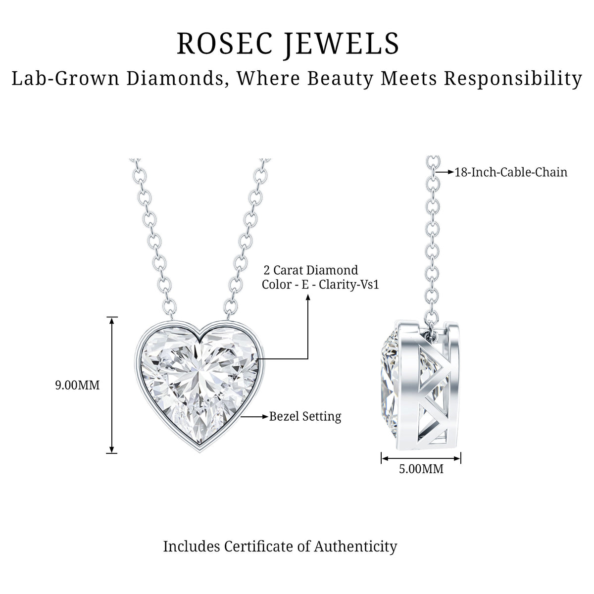 Bezel Set 2 Carat Lab Grown Diamond Heart Necklace with IGI Certificate Lab - ( E-VS1 ) - Rosec Jewels
