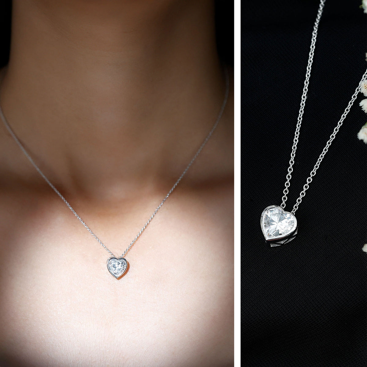 Bezel Set 2 Carat Lab Grown Diamond Heart Necklace with IGI Certificate Lab - ( E-VS1 ) - Rosec Jewels