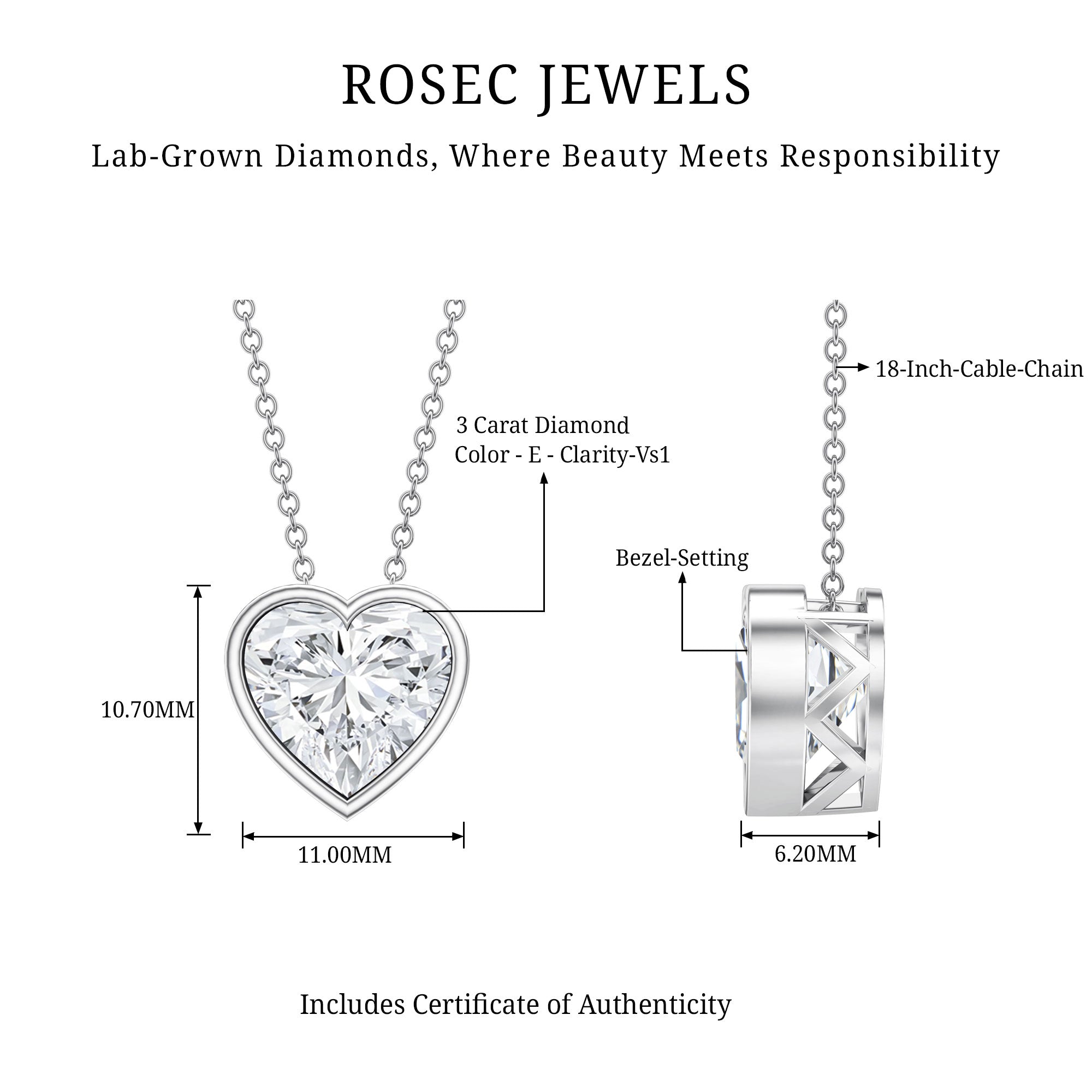 Rosec Jewels-Bezel Set 3 Carat Lab Grown Diamond Heart Necklace with IGI Certificate