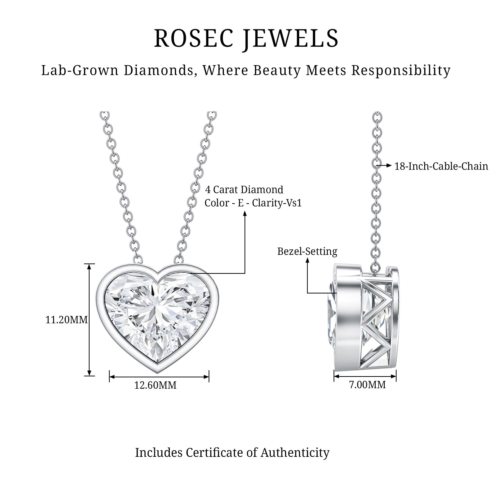 Rosec Jewels-IGI Certified Lab Grown Solitaire Diamond Heart Necklace 4 Carat