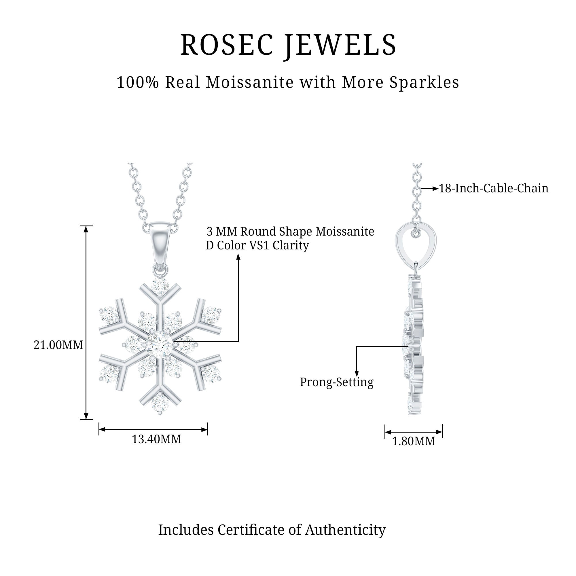 Certified Moissanite Snowflake Pendant Necklace for Women D-VS1 - Rosec Jewels