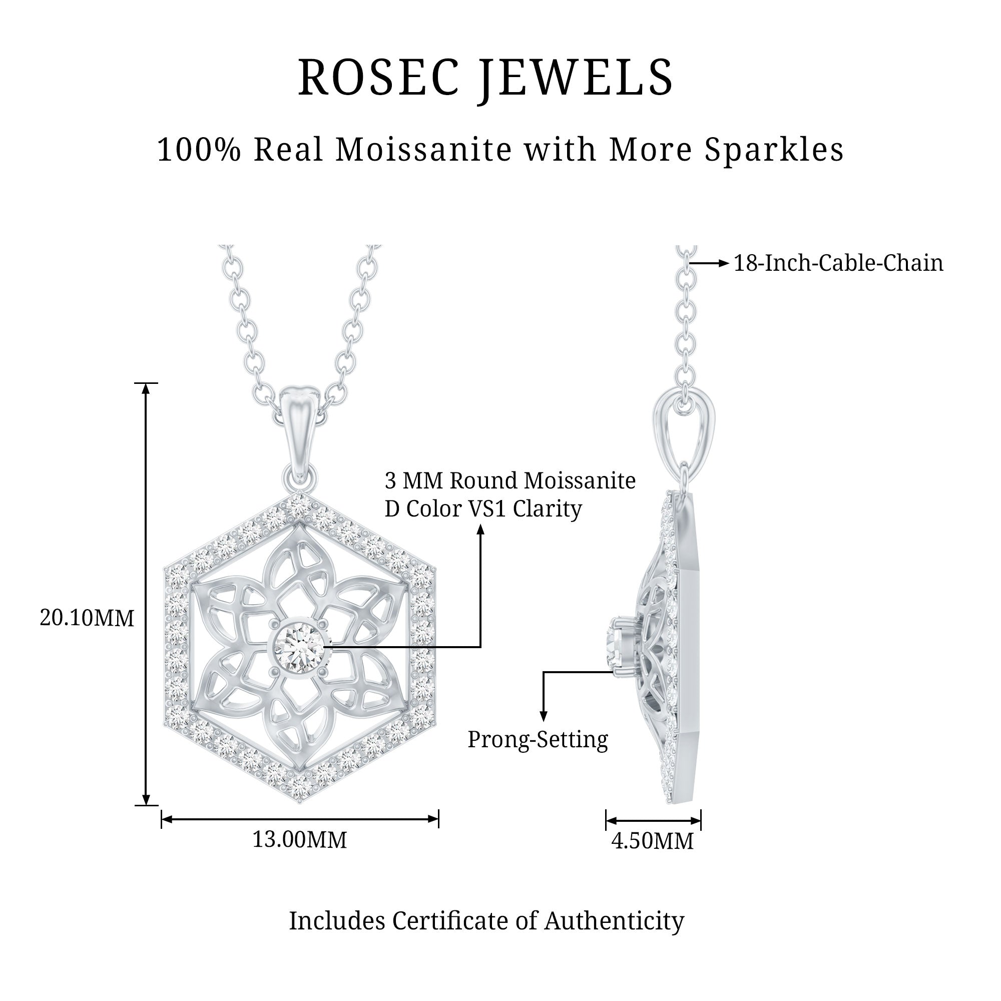 Vintage Inspired Certified Moissanite Flower Pendant D-VS1 - Rosec Jewels