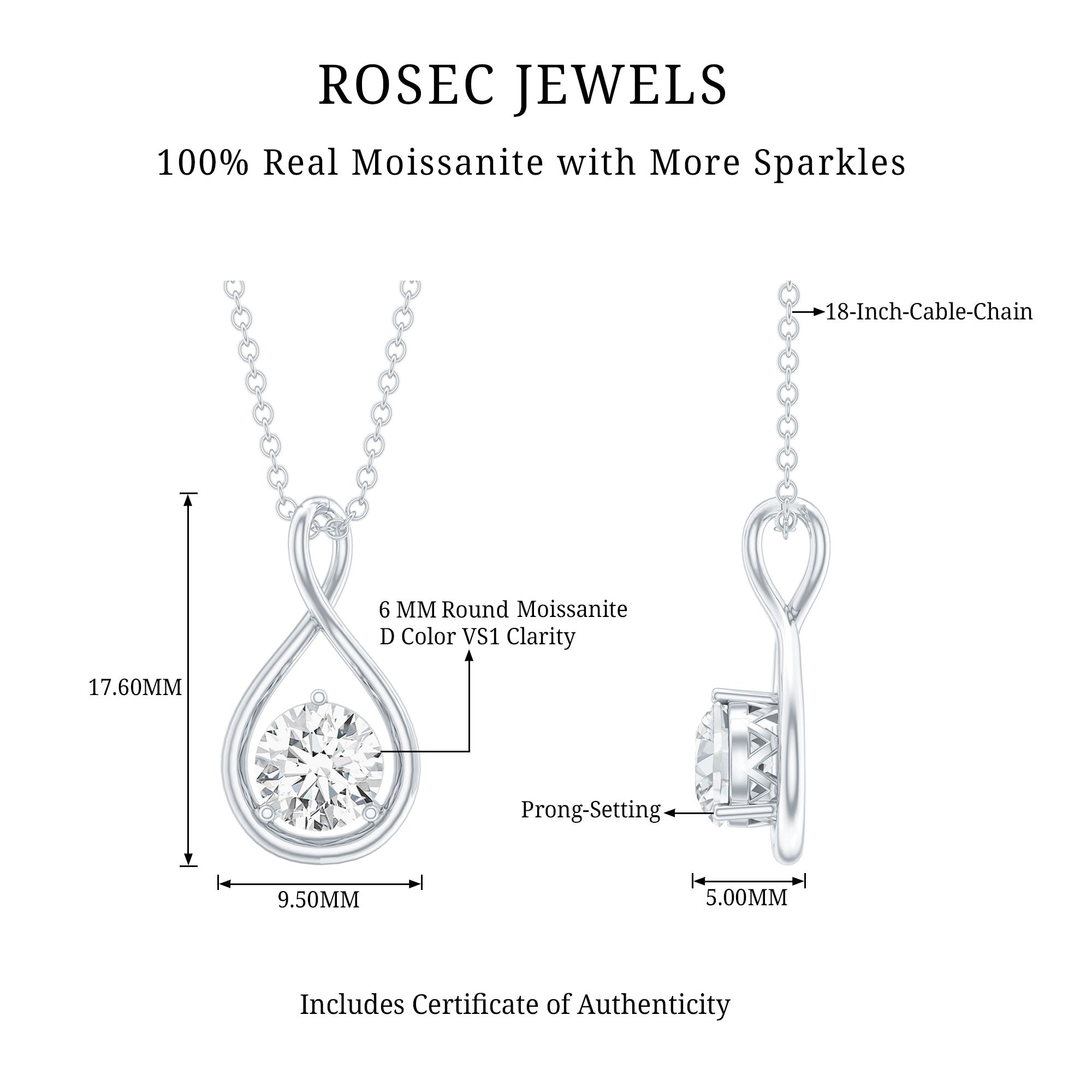 0.9 Carat Solitaire Moissanite Infinity Pendant with Certificate D-VS1 - Rosec Jewels