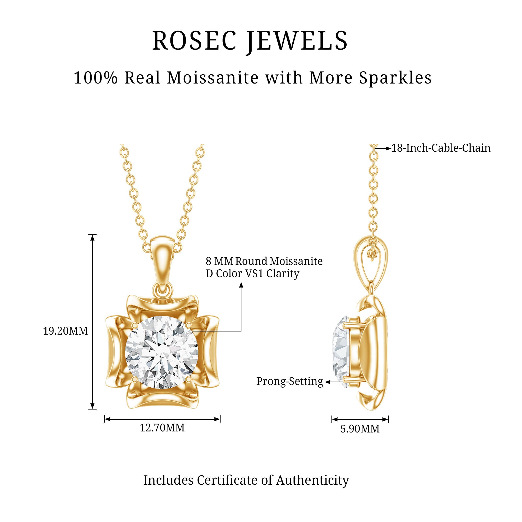 Certified Moissanite Solitaire Pendant in Prong Setting D-VS1 - Rosec Jewels