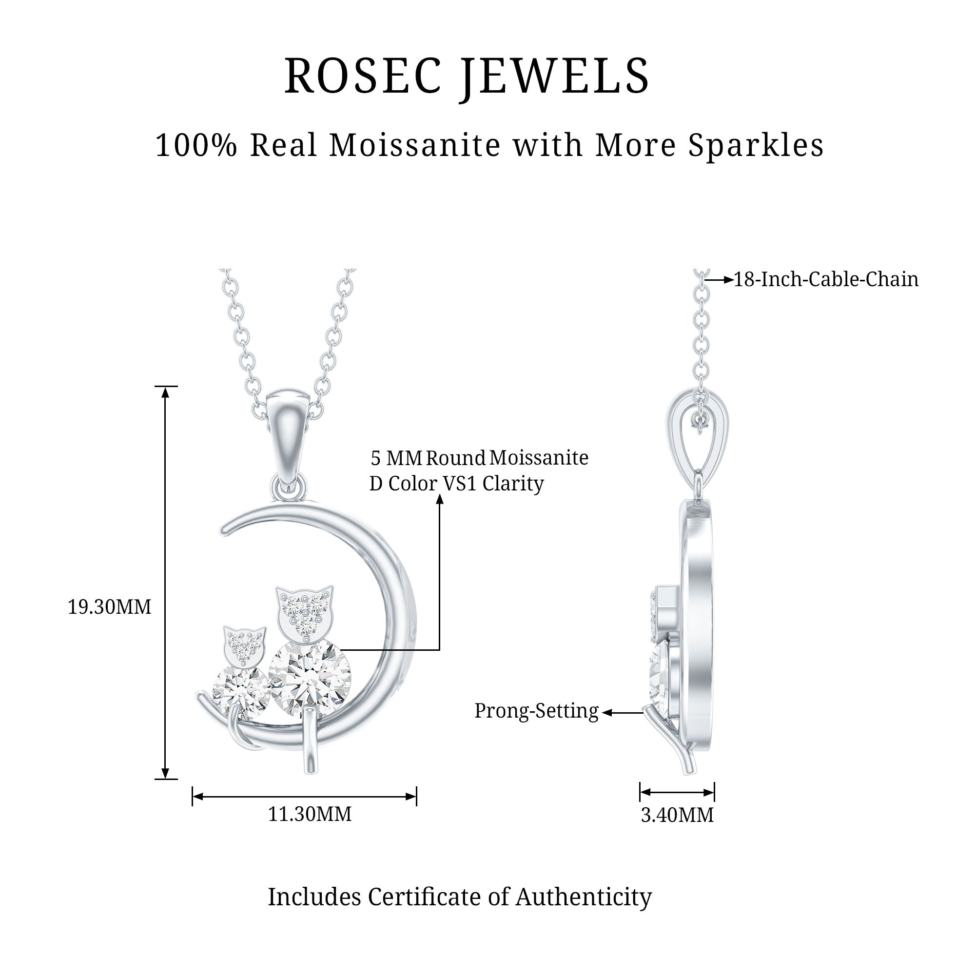 Certified Moissanite Cat on Moon Pendant D-VS1 - Rosec Jewels