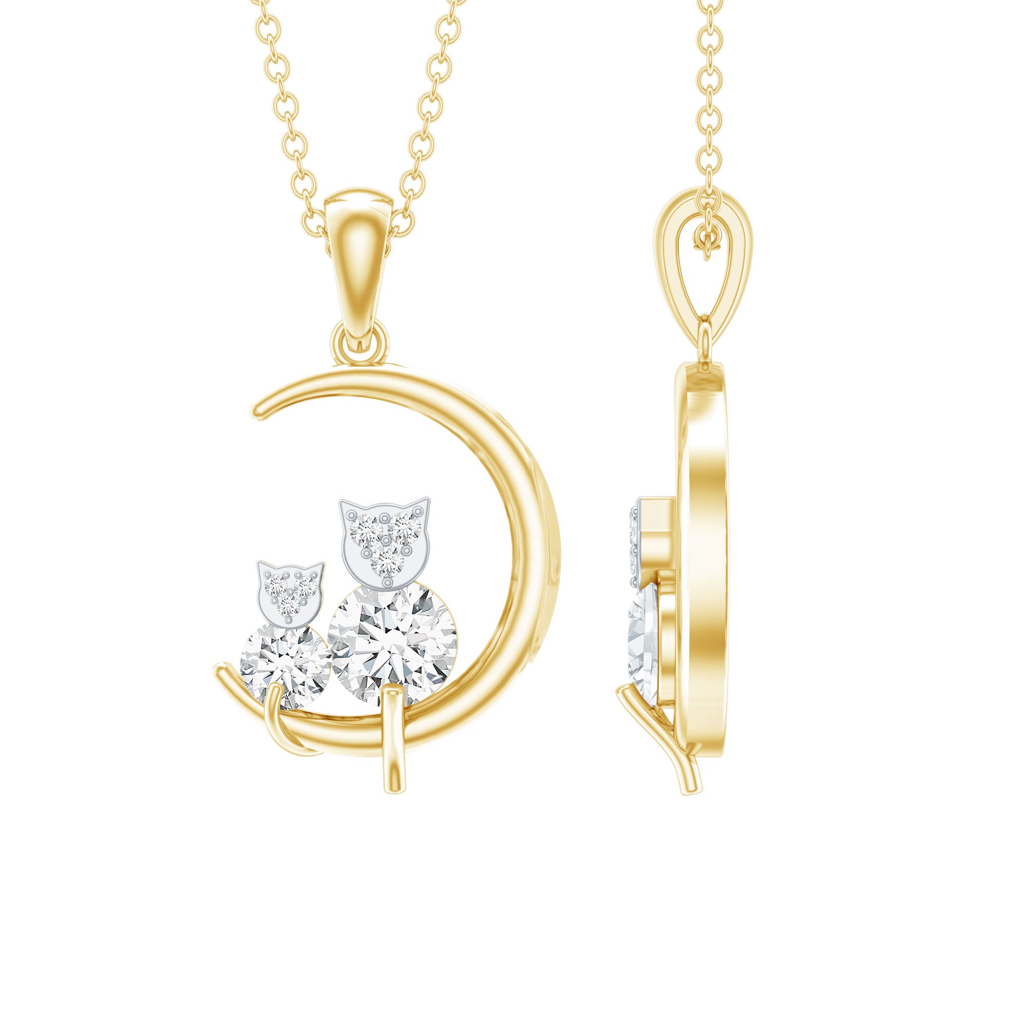 Certified Moissanite Cat on Moon Pendant D-VS1 - Rosec Jewels