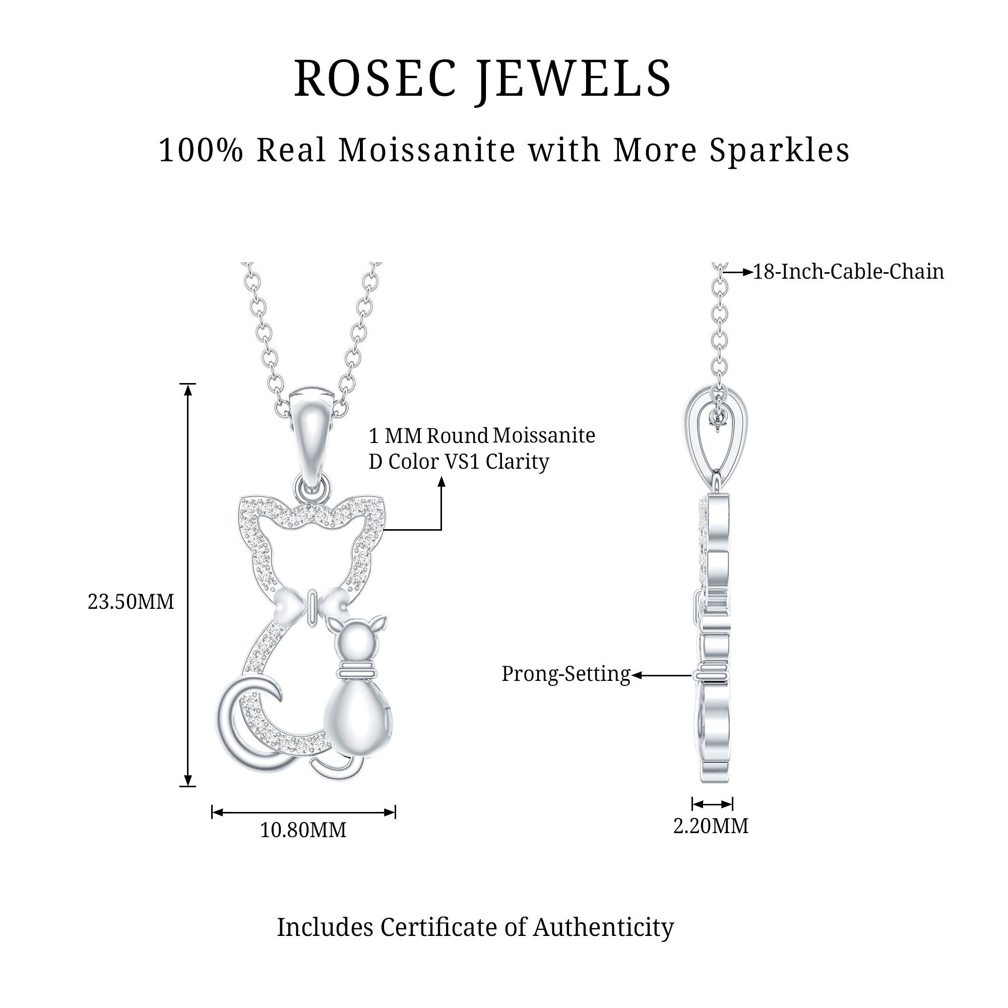Certified Moissanite and Cat Pendant D-VS1 - Rosec Jewels