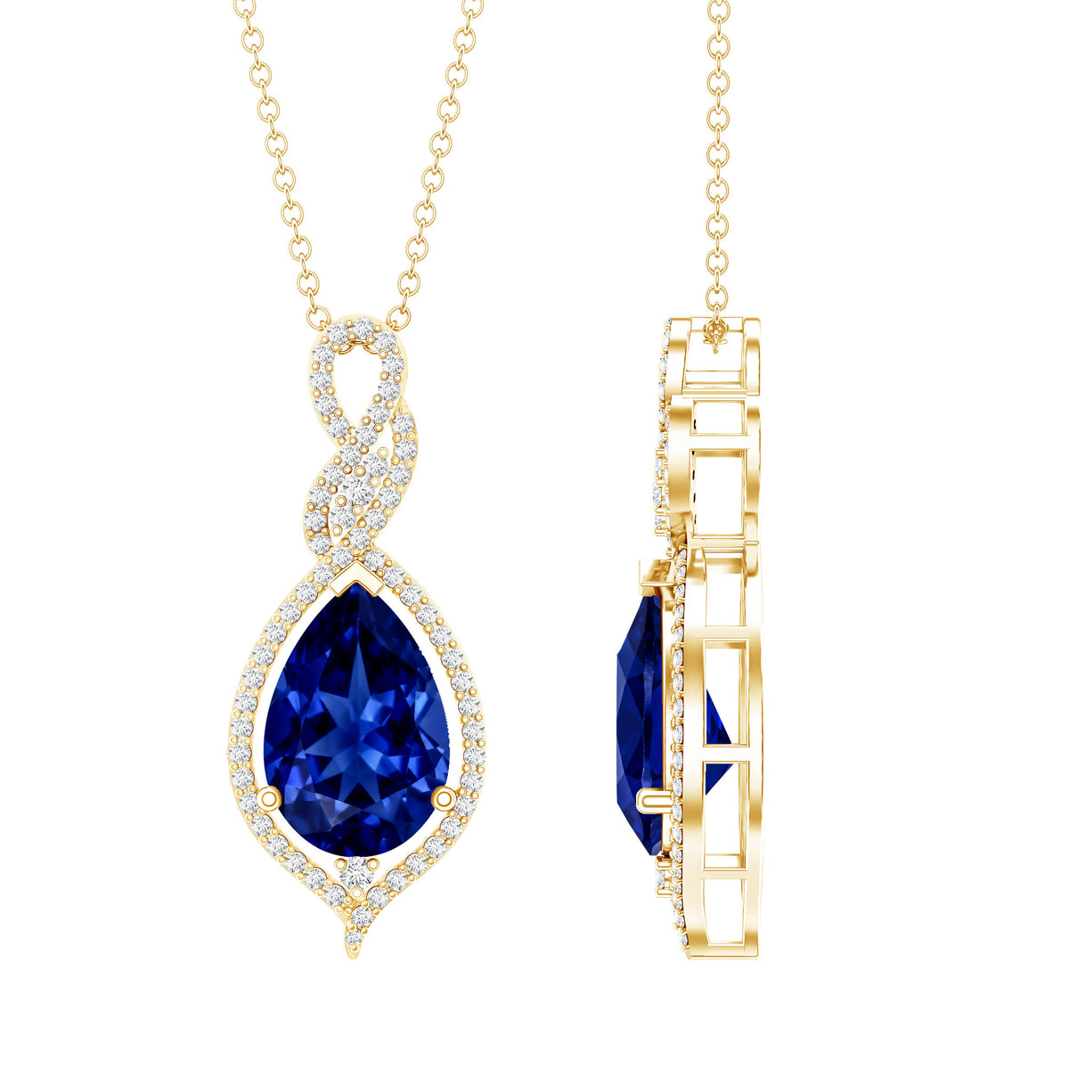 Certified 4 Carat Lab Created Blue Sapphire and Diamond Teardrop Pendant AAAA - Rosec Jewels