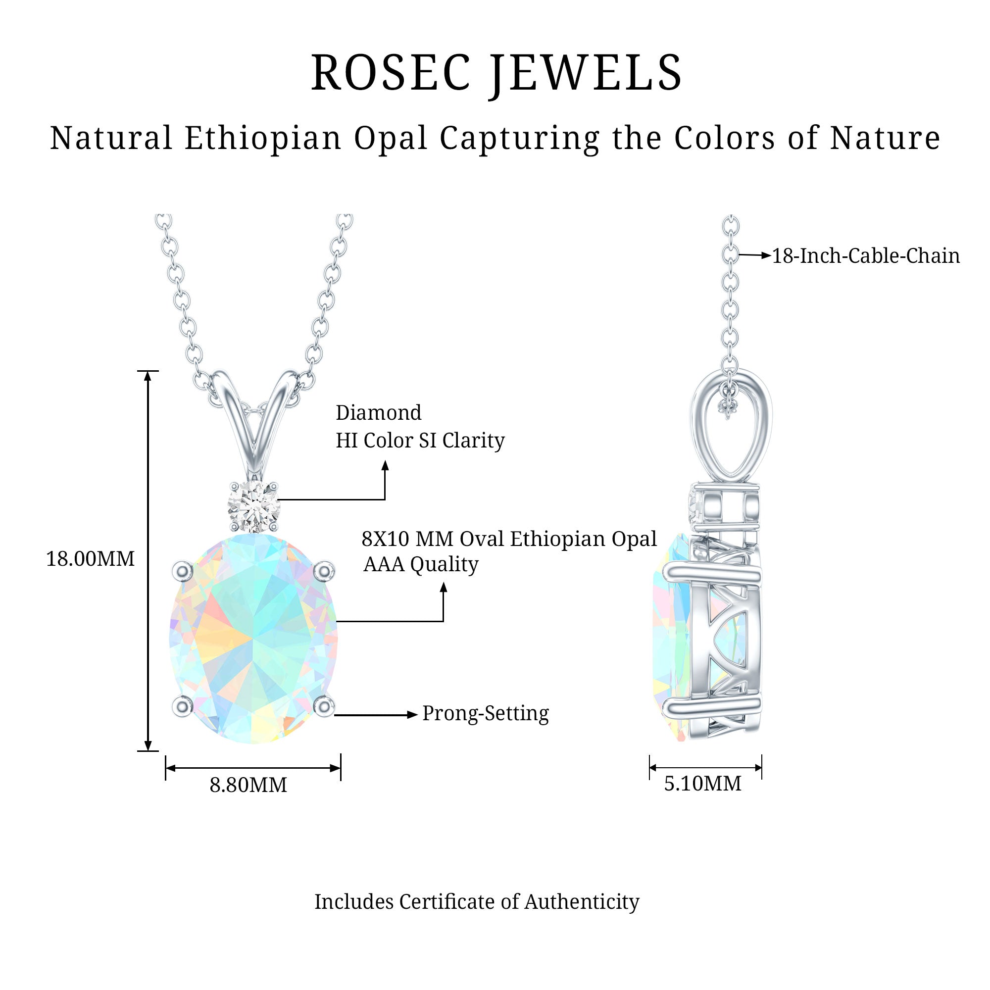 Genuine 1.3 Carat Opalescent Pendant Necklace with Diamond AAA - Rosec Jewels