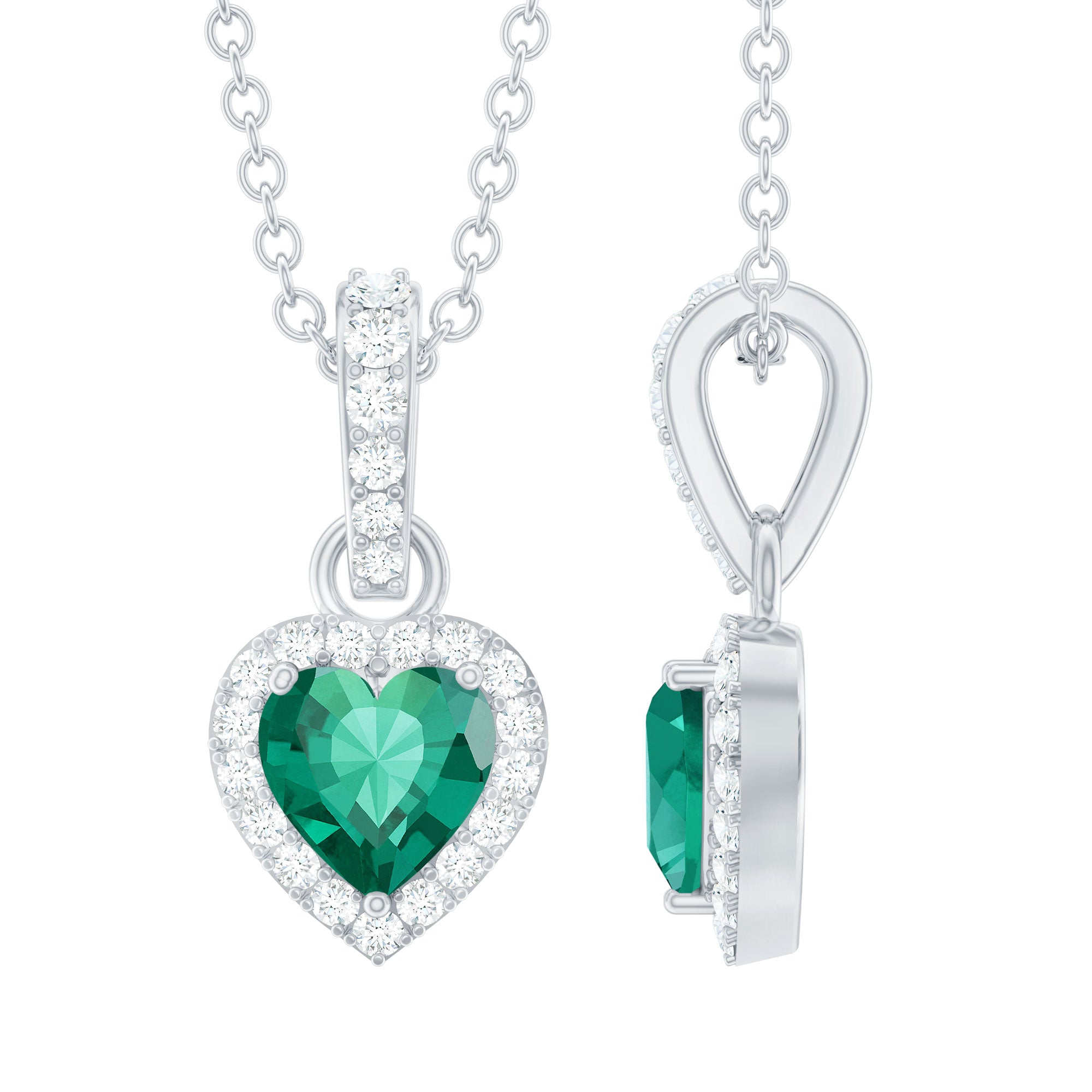 Lab Grown Emerald Heart Necklace with Moissanite Halo