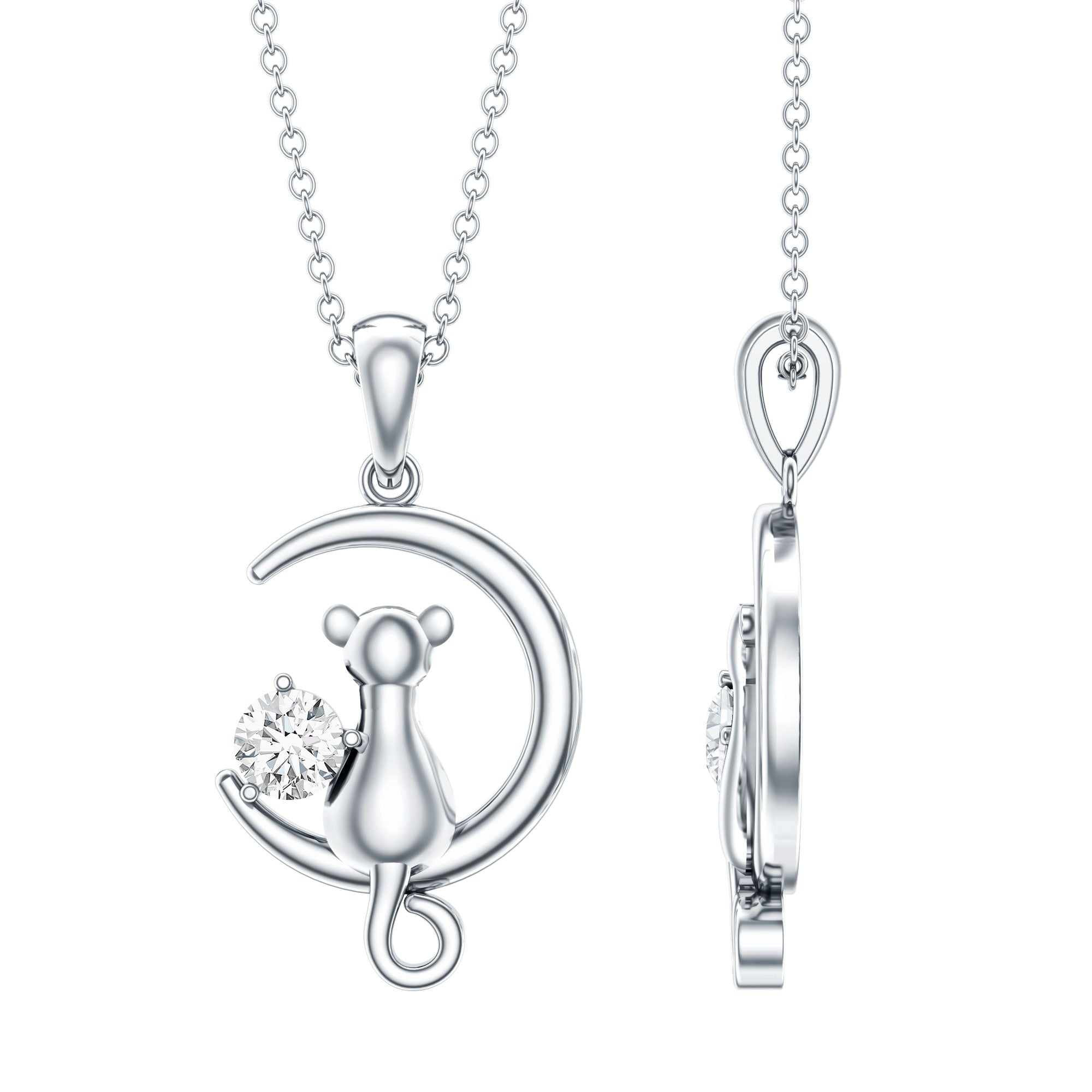 Certified Diamond Cat on Moon Necklace Lab - ( EF-VS ) - Rosec Jewels