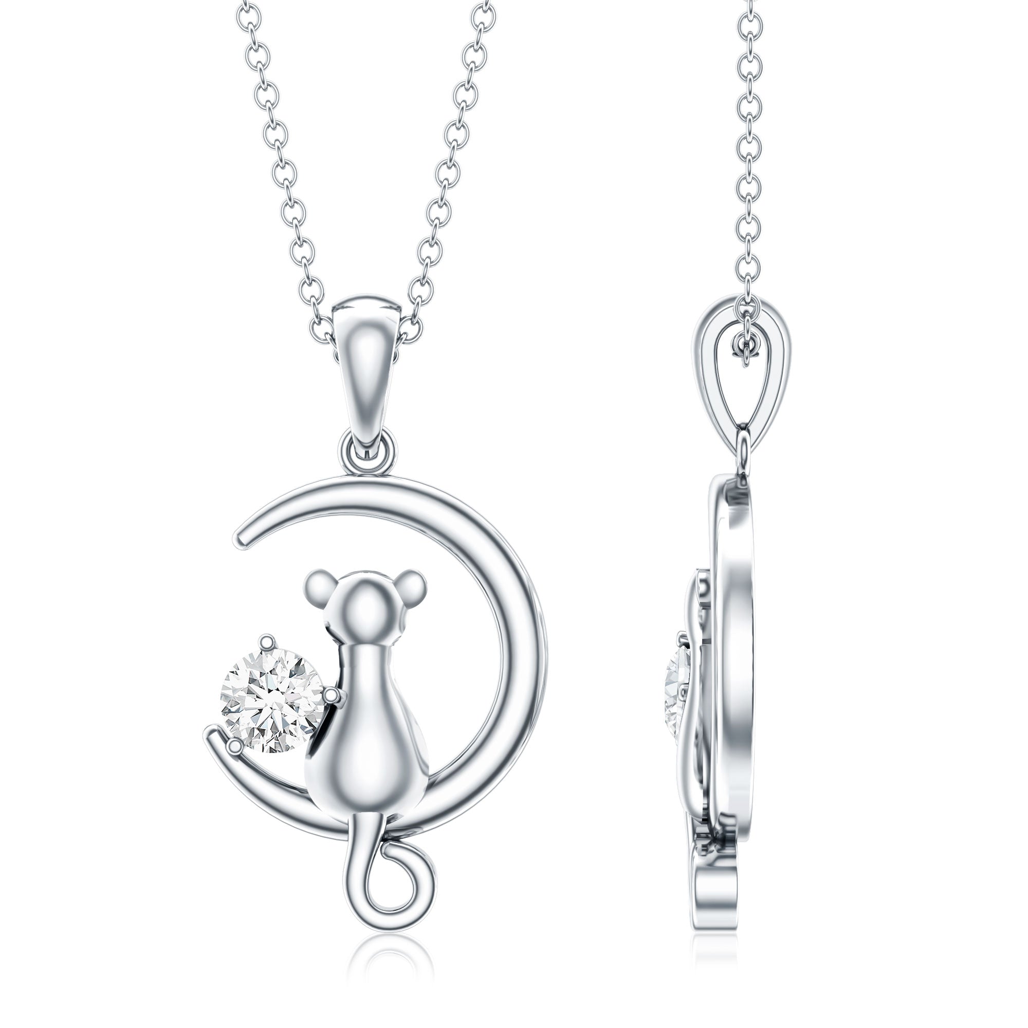 Certified Diamond Cat on Moon Necklace Lab - ( EF-VS ) - Rosec Jewels