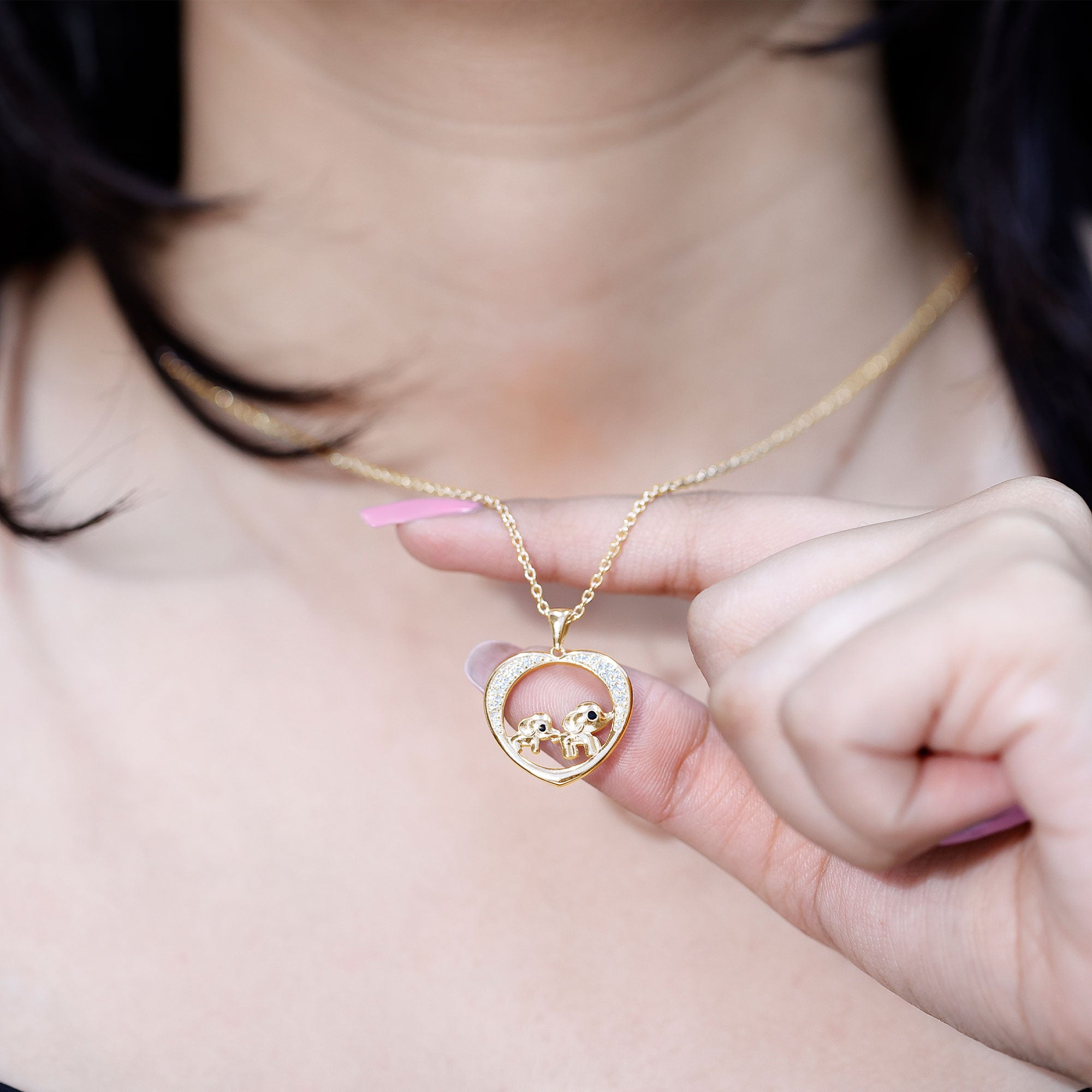 Diamond Elephant Mother Child Necklace Lab - ( EF-VS ) - Rosec Jewels