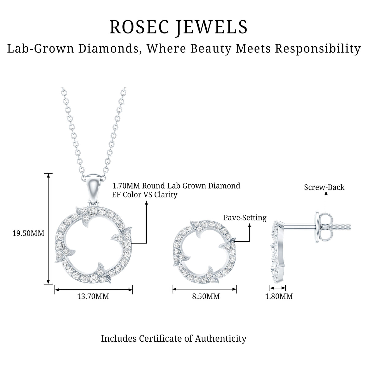 Certified Diamond Circle Necklace Earrings Set Lab - ( EF-VS ) - Rosec Jewels