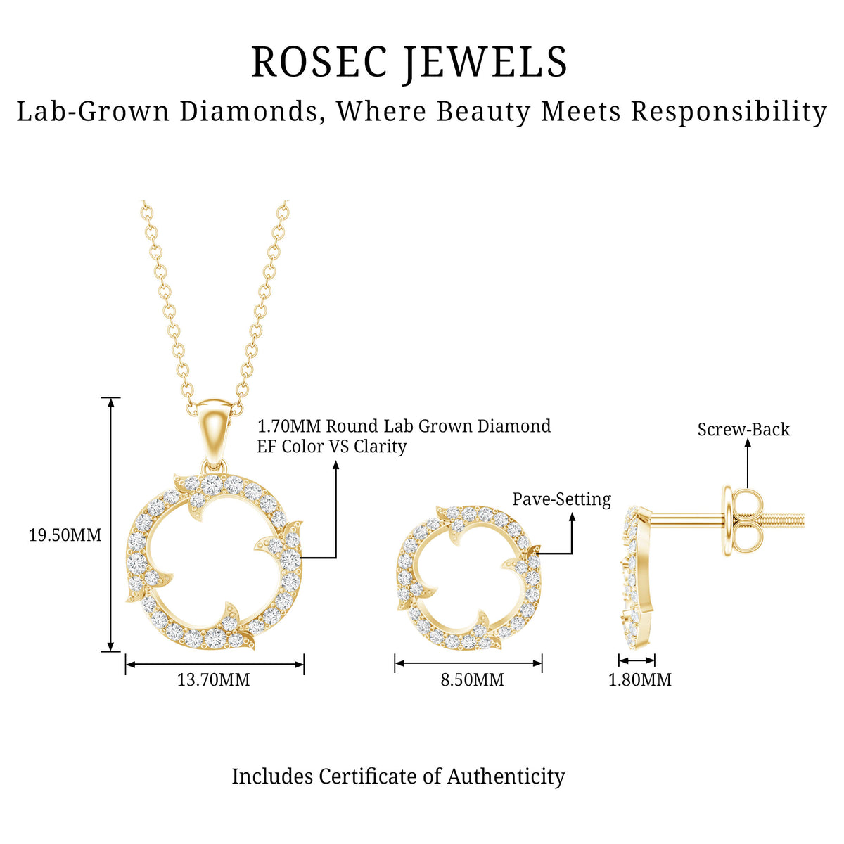 Certified Diamond Circle Necklace Earrings Set Lab - ( EF-VS ) - Rosec Jewels