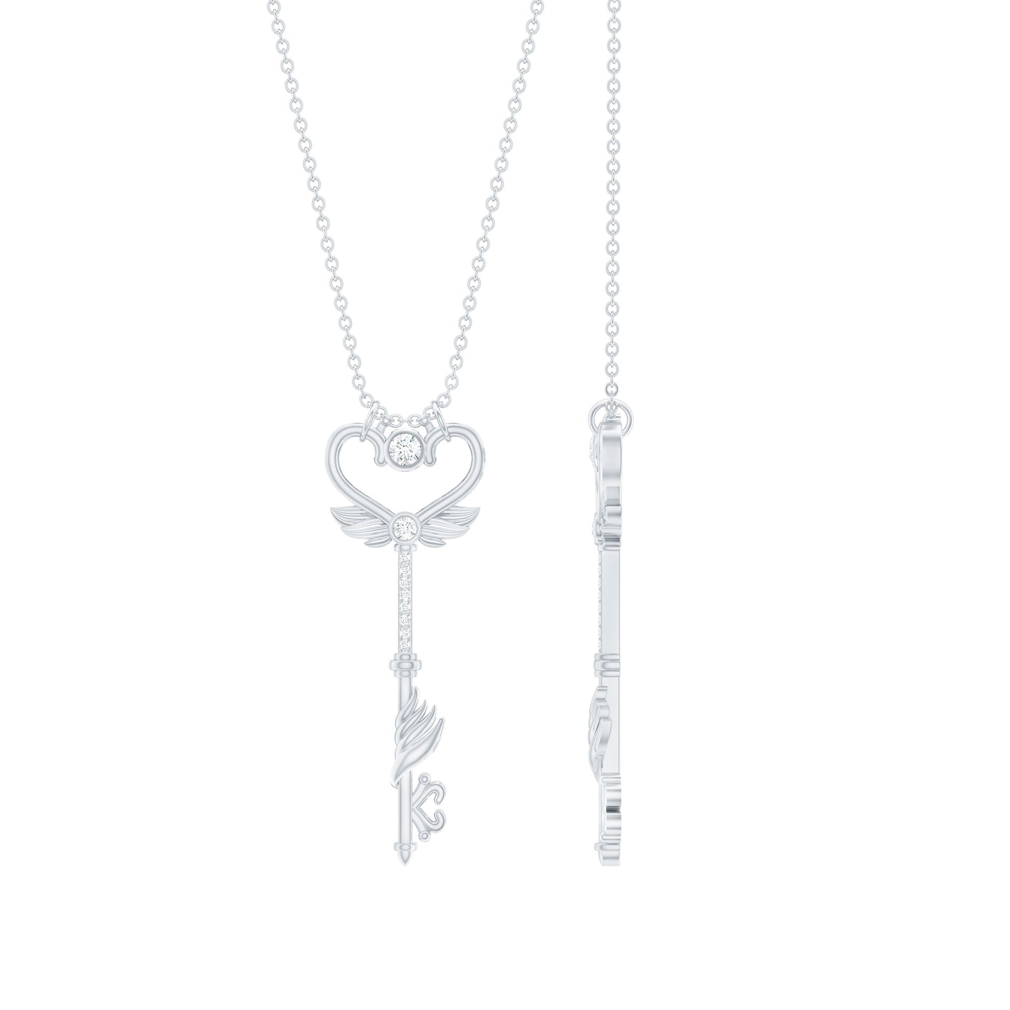 Rosec Jewels-Diamond Heart Key Pendant Necklace with Angel Wings